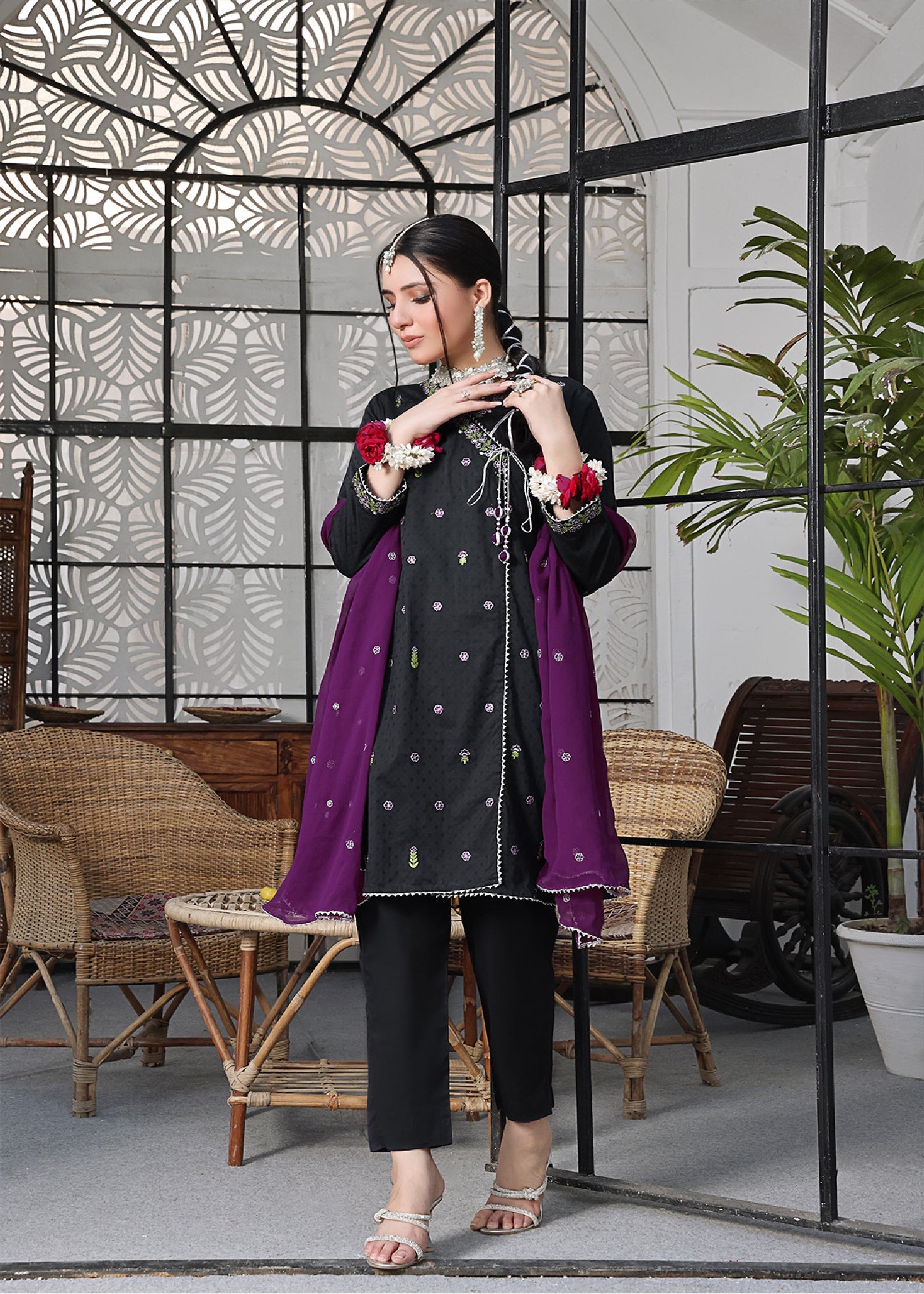 lawn Angrakha in Black