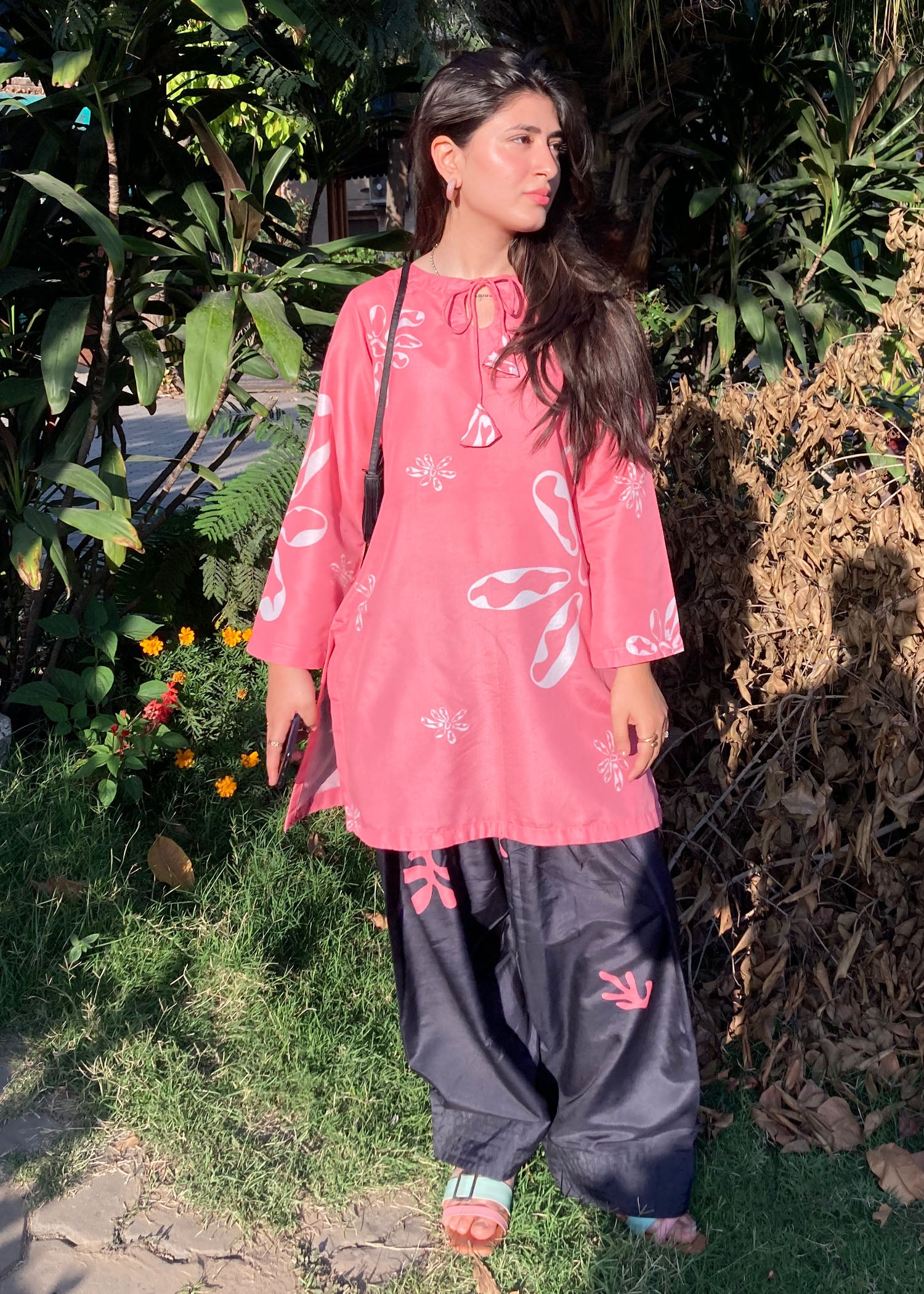 silk finish lawn Kurta Set in Hot pink