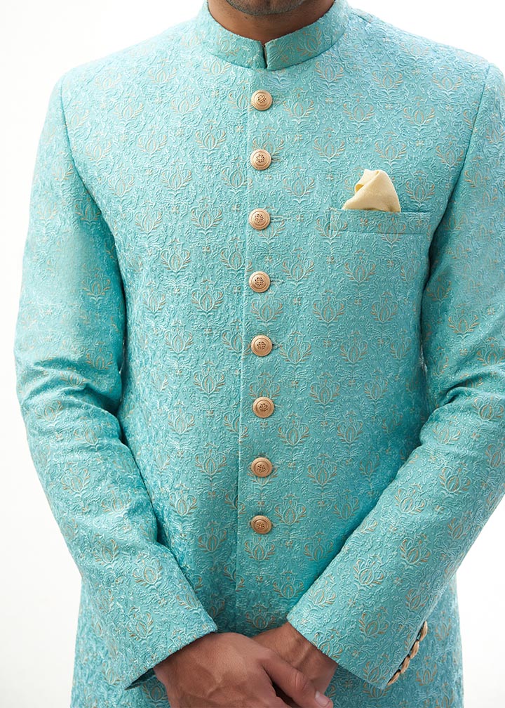 raw silk Sherwani in Blue