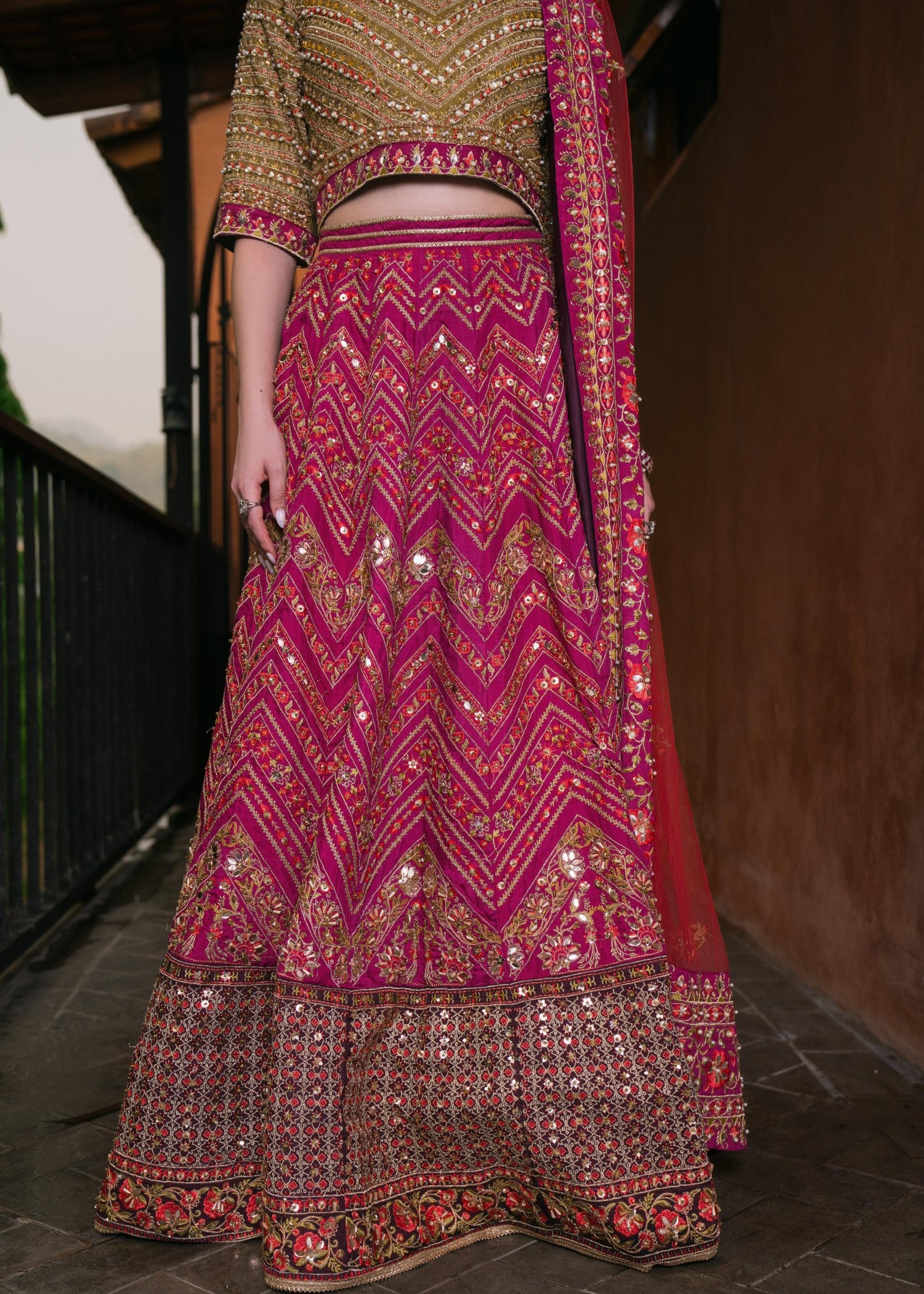 silk Lehenga in Red, plum, green