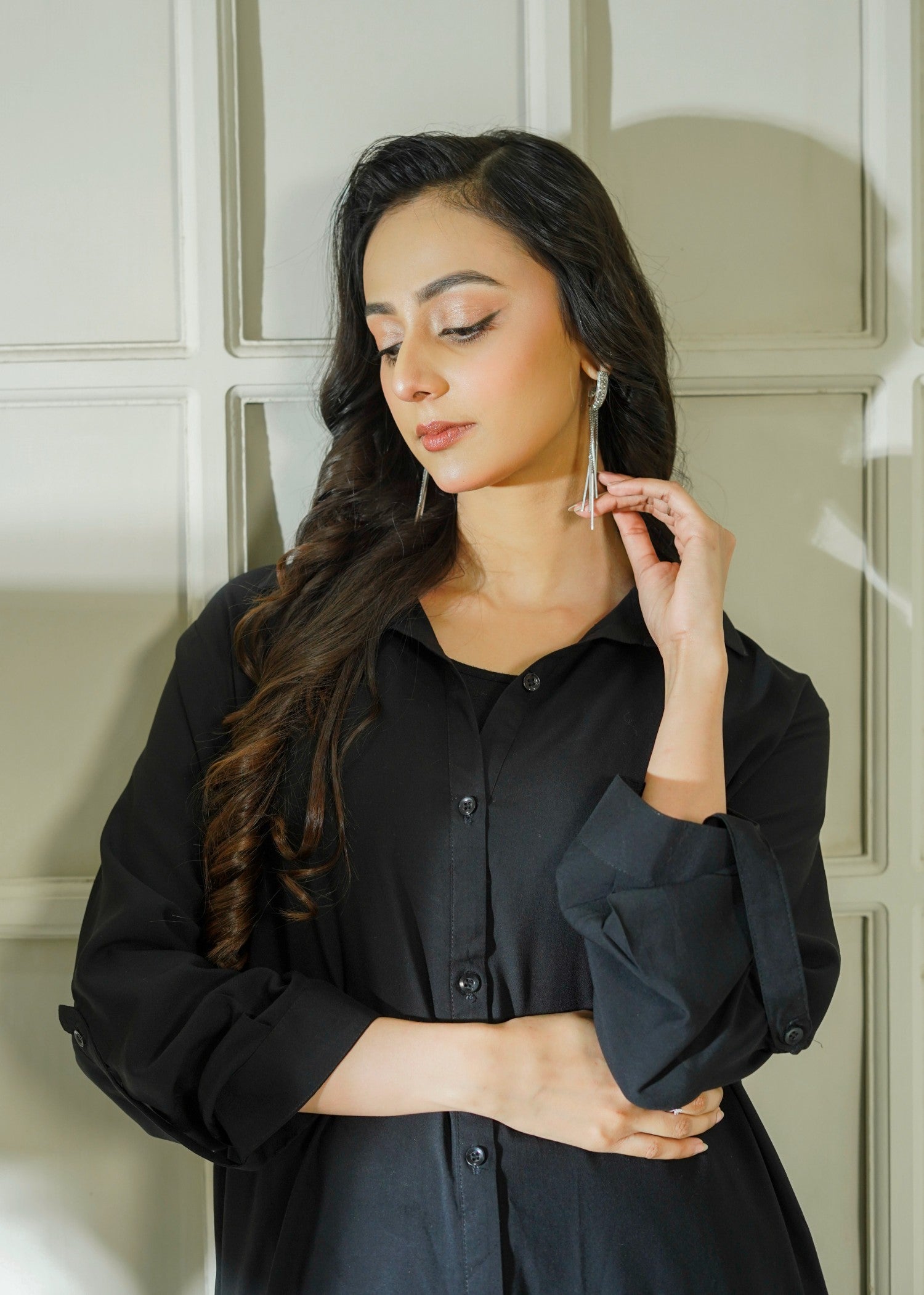 blended linen Kurta Set in Black
