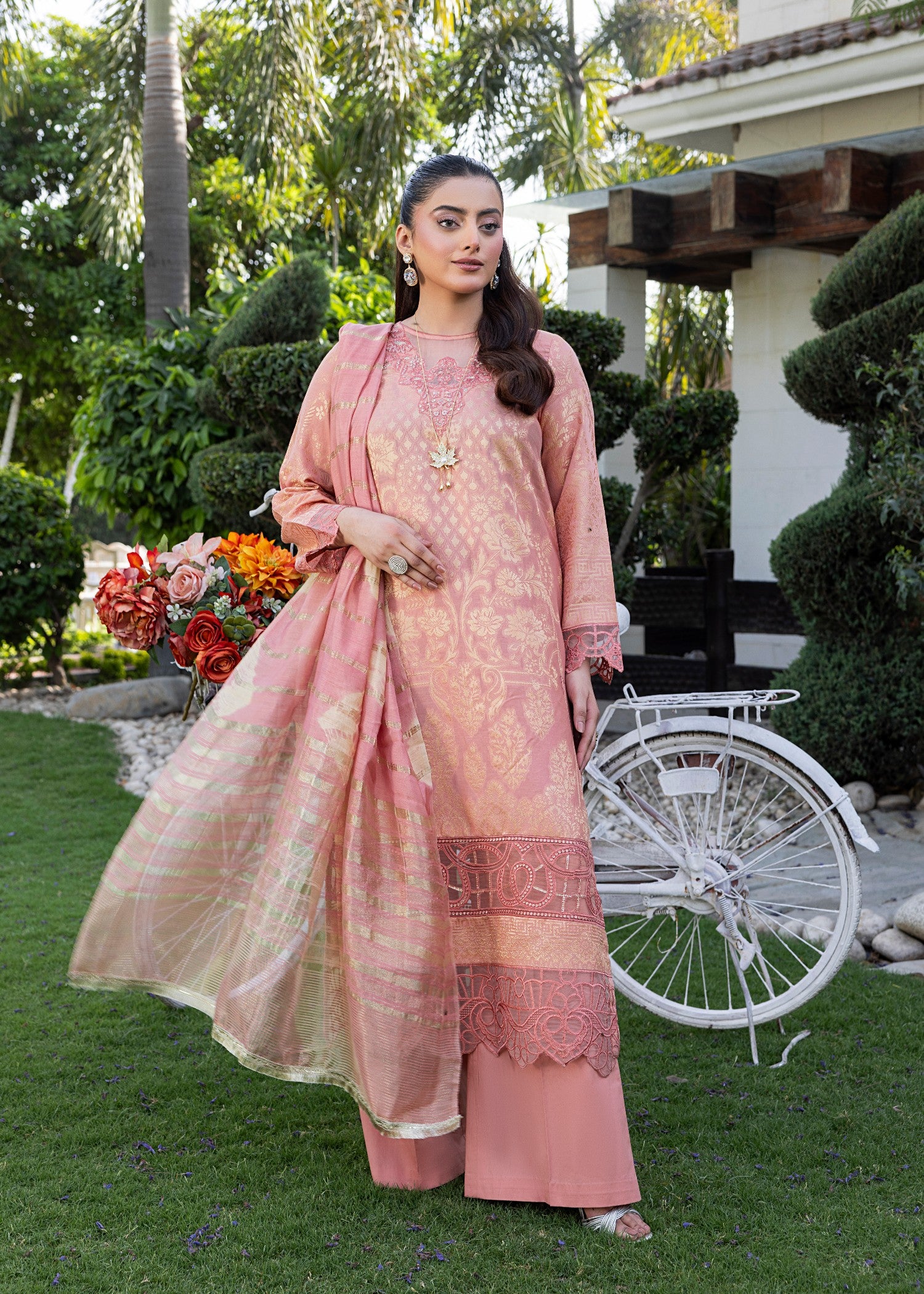 jacquard Kurta Set in Coral orange