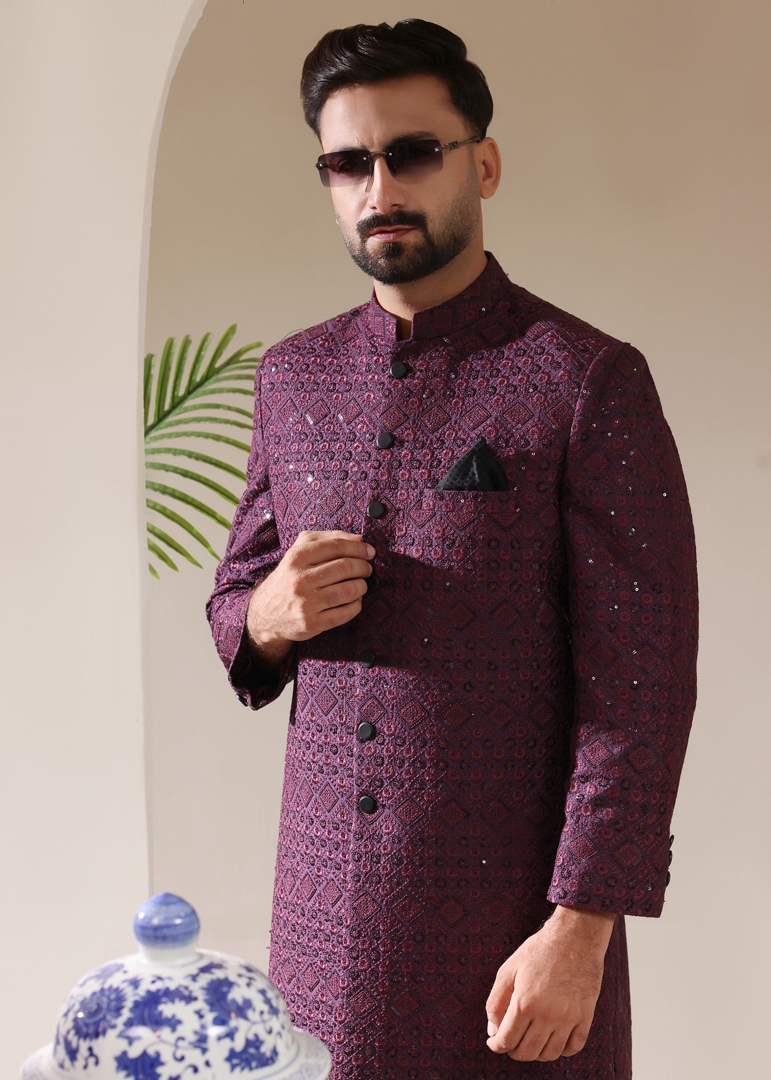 jamawar Sherwani in Purple heart