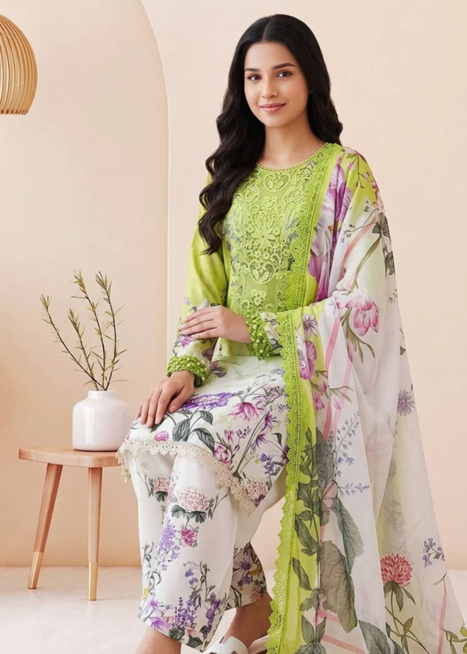 lawn Kurta Set in Herb green