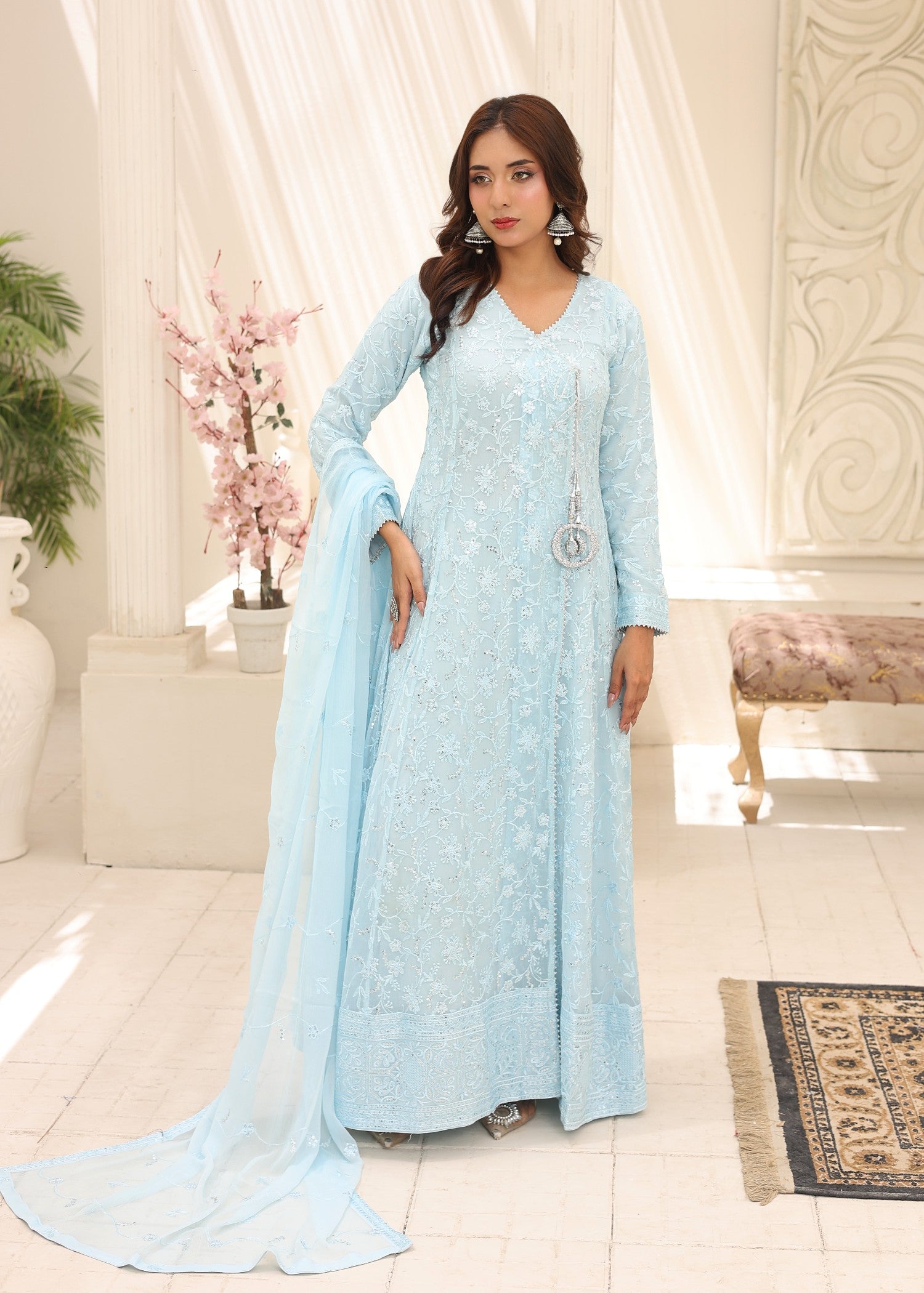 bemberg crinkle chiffon Angrakha in Ice blue