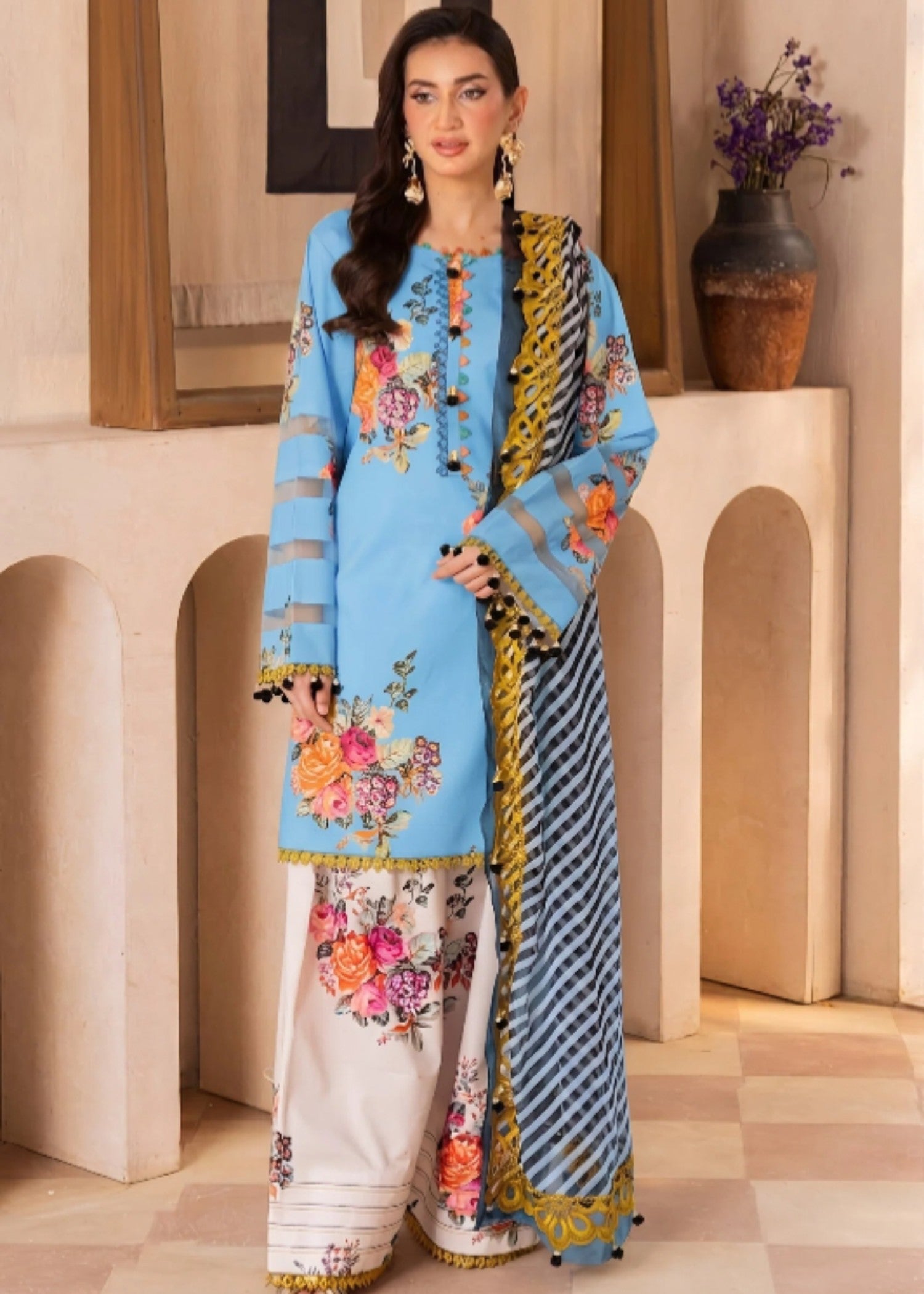 poly lawn Kurta Set in Sky blue, white