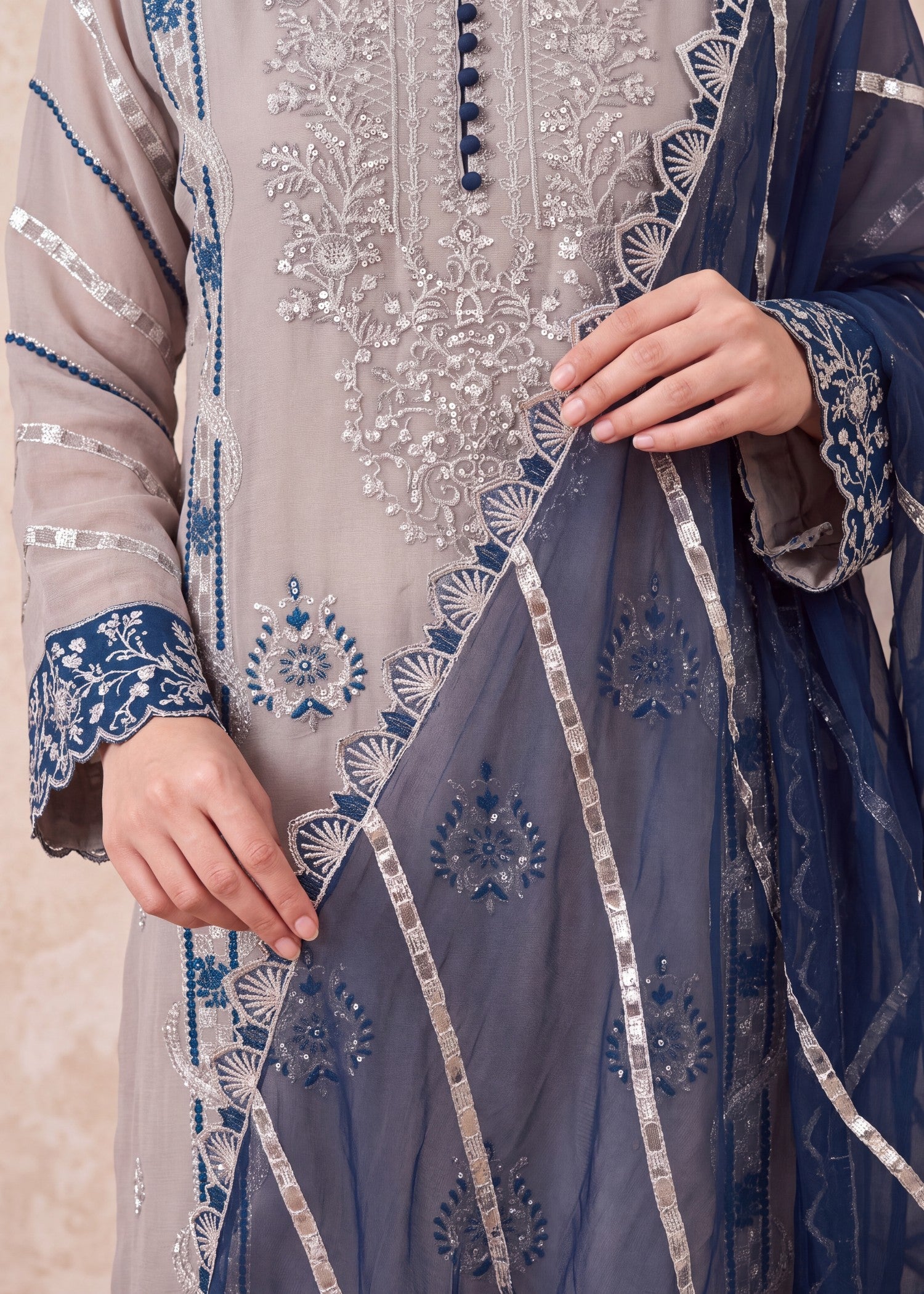 pk crinkle chiffon Kurta Set in Aegean blue, pastel grey