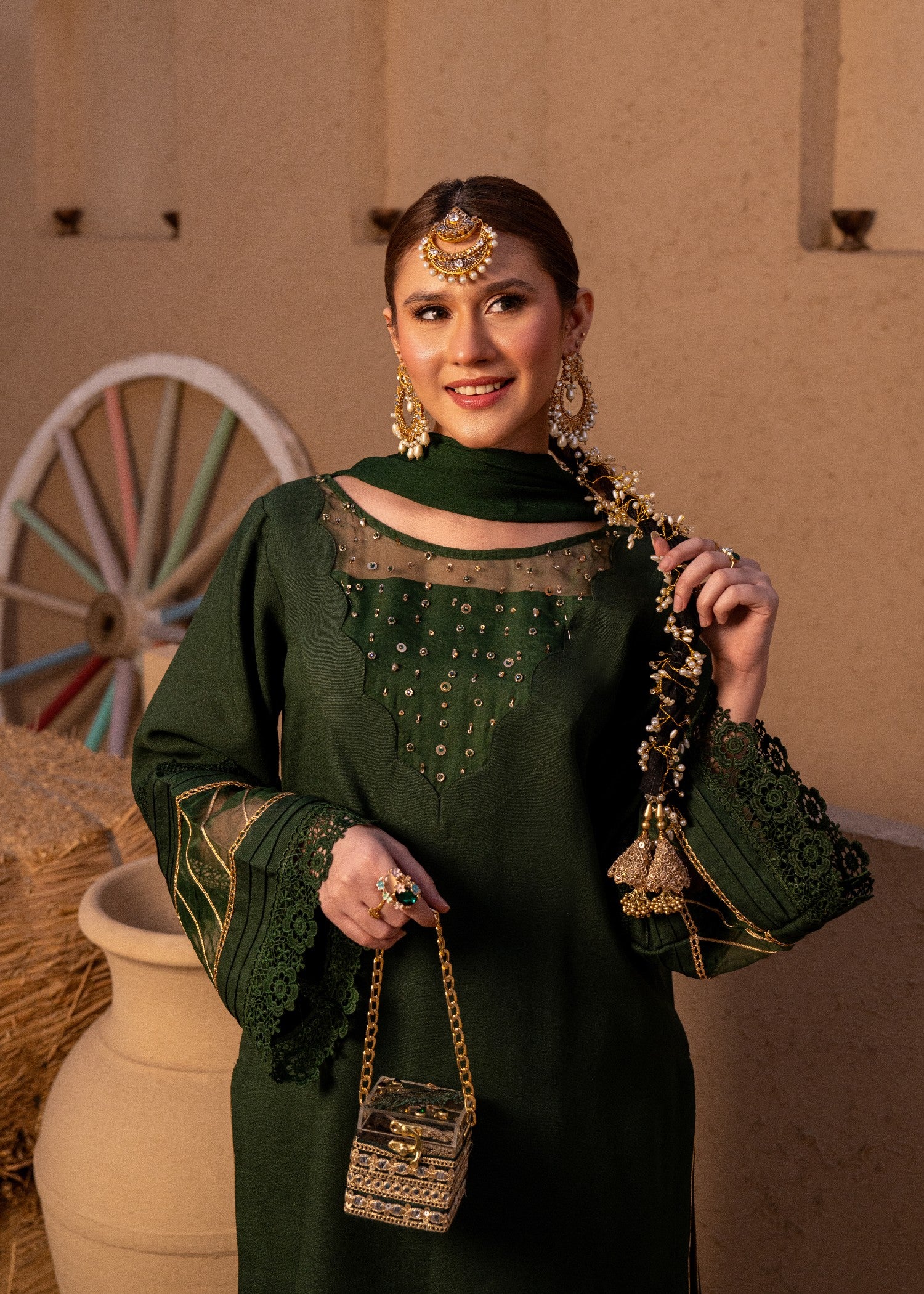 karandi Kurta Set in Bottle green