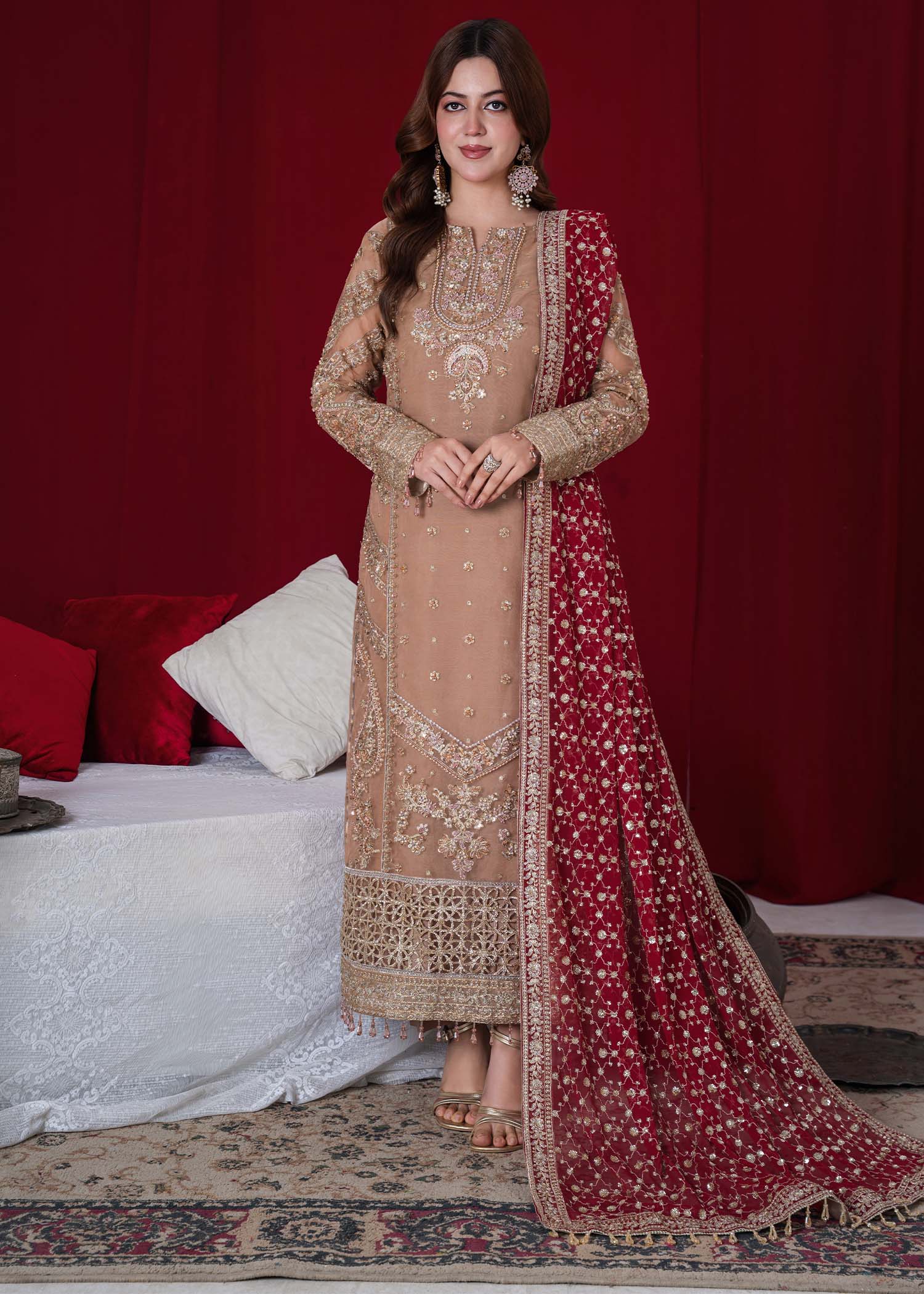 organza Kurta Set in Sand brown, maroon