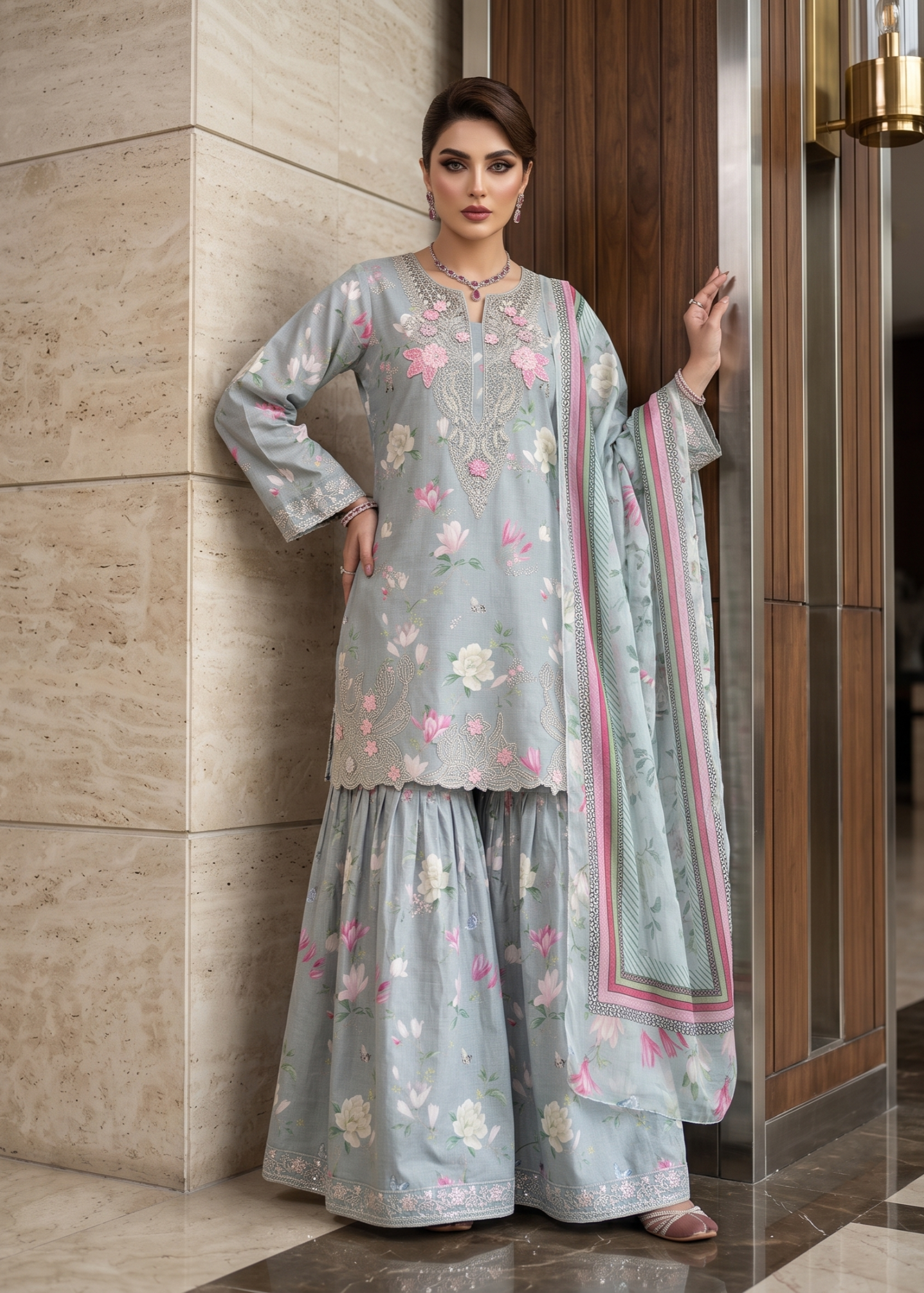 lawn Gharara in Ash grey