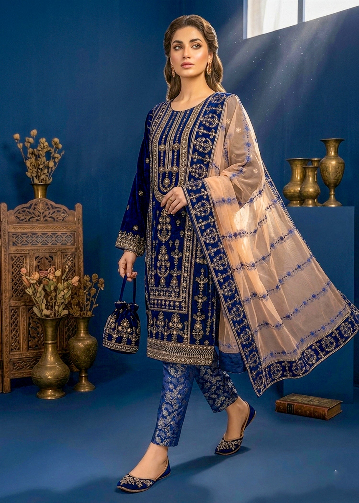 velvet Kurta Set in Navy blue
