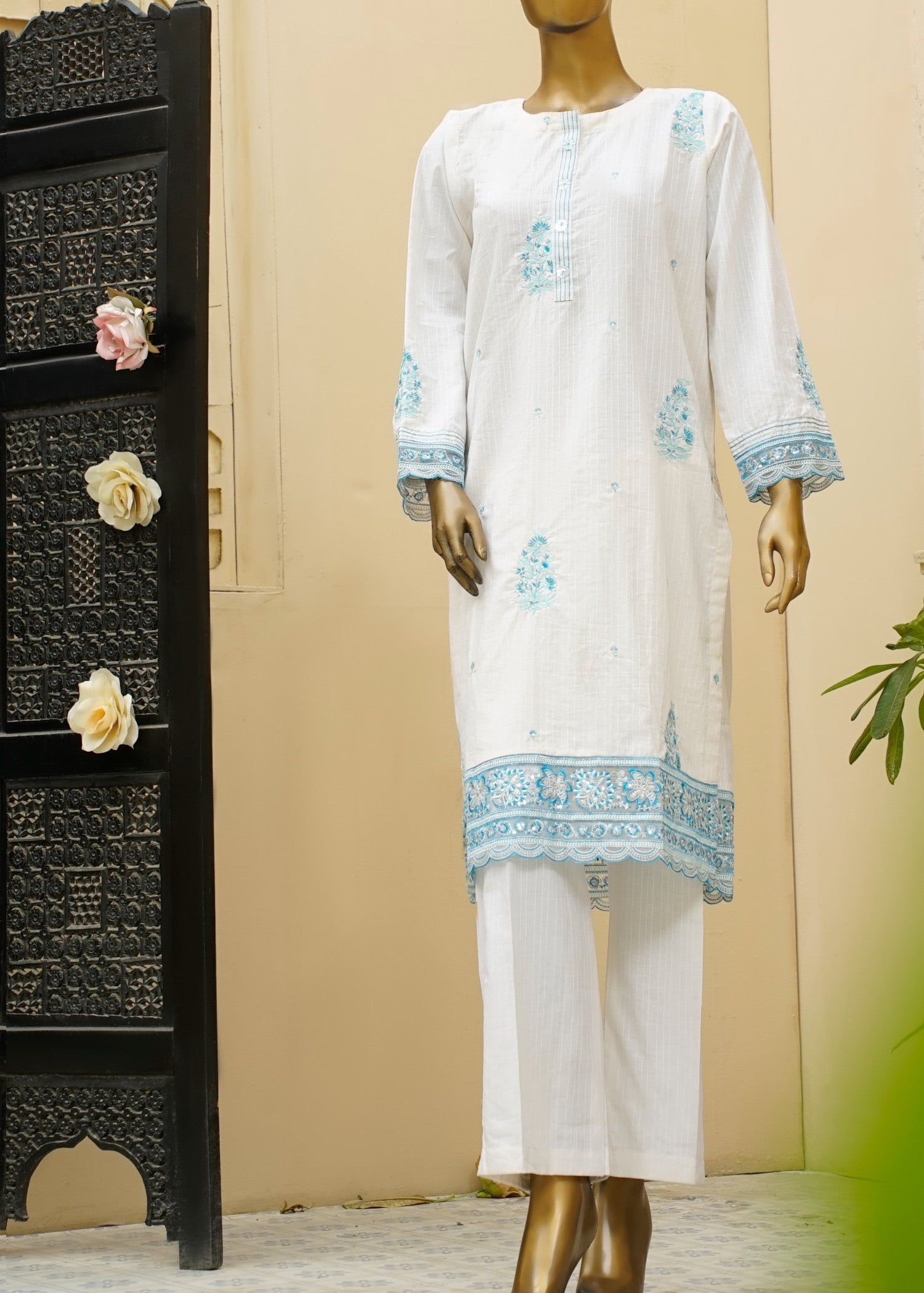 cotton dobby Kurta Set in Off-white