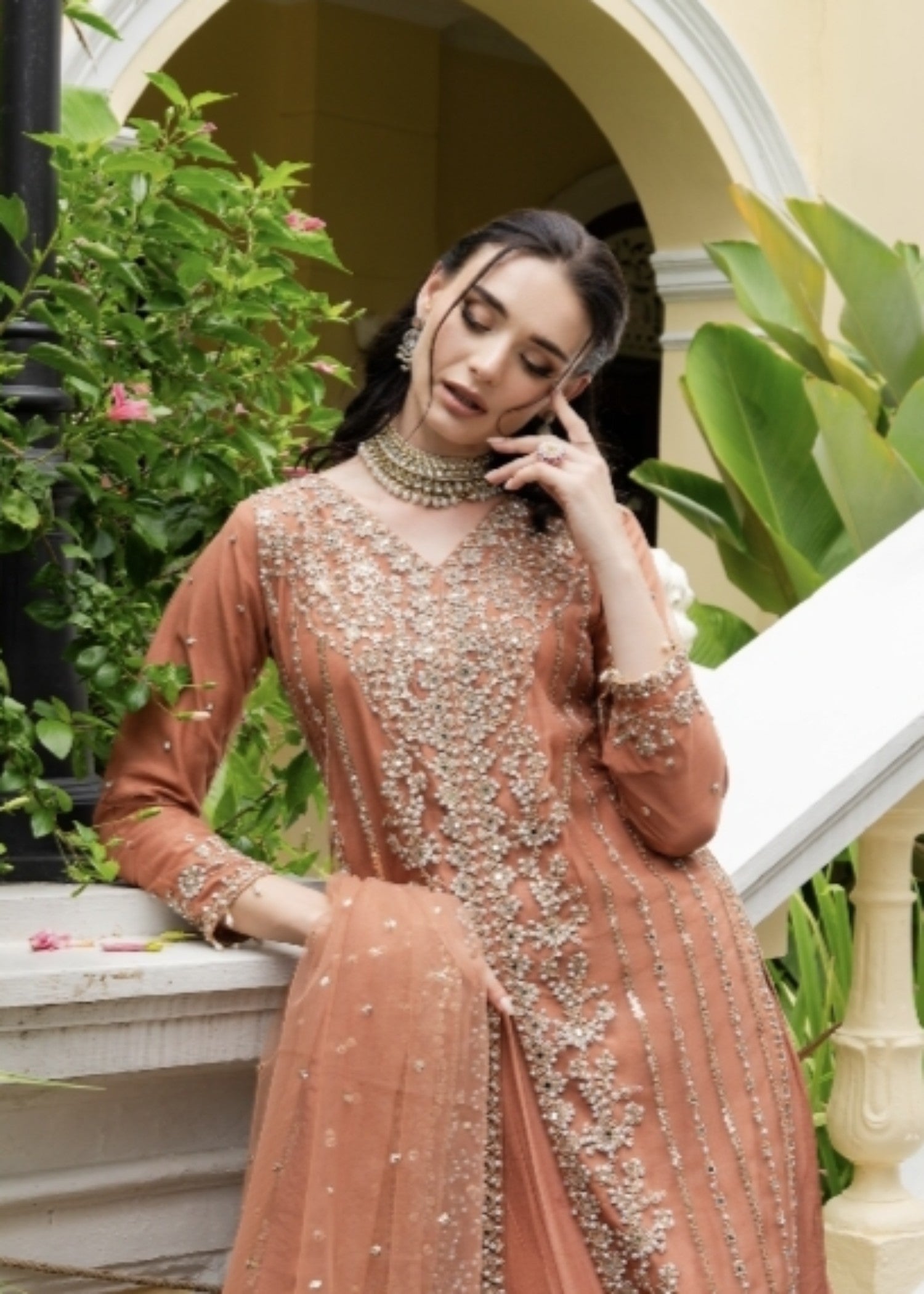 net Lehenga in Coral orange