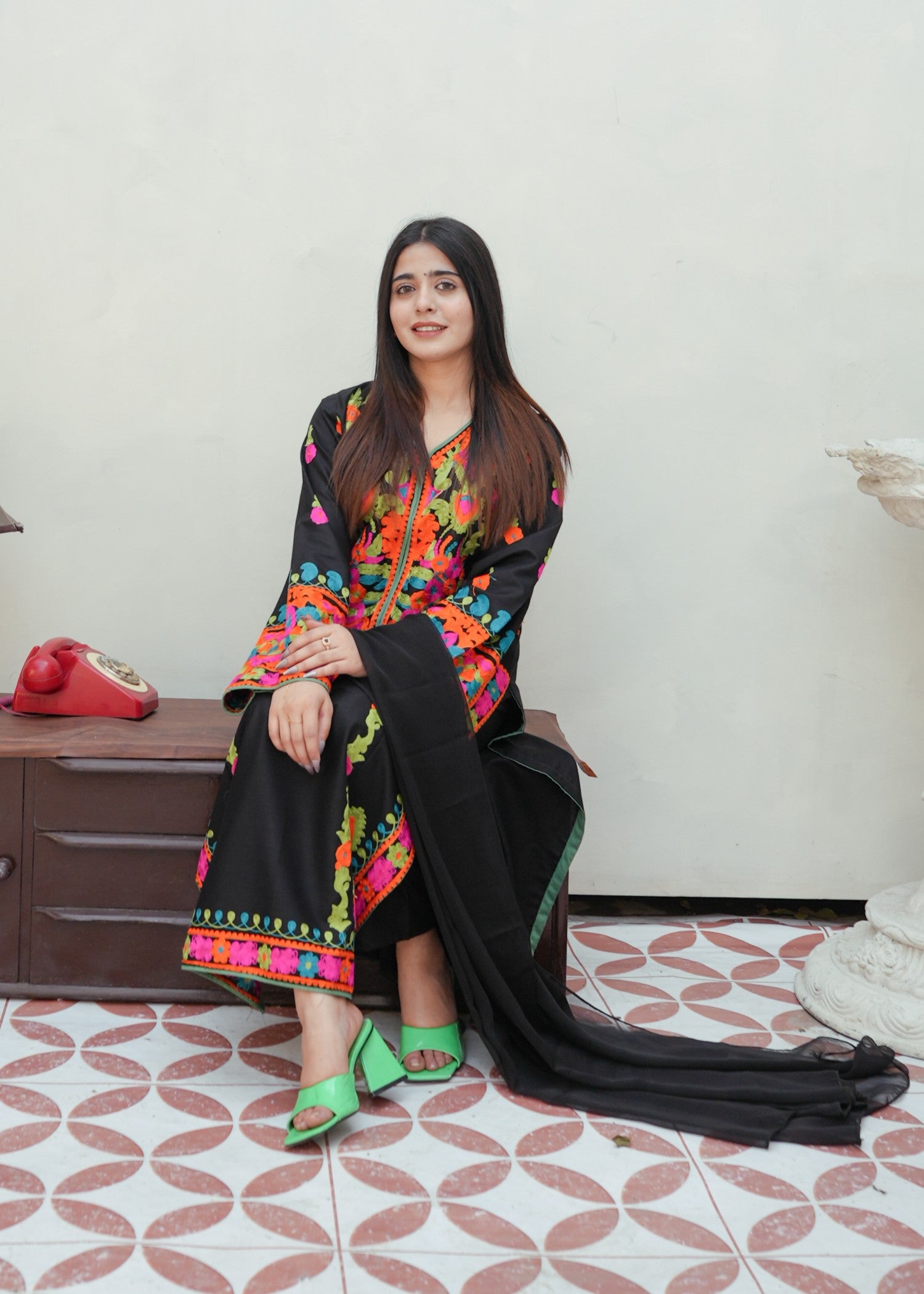 cotton Kurta Set in Black, multi