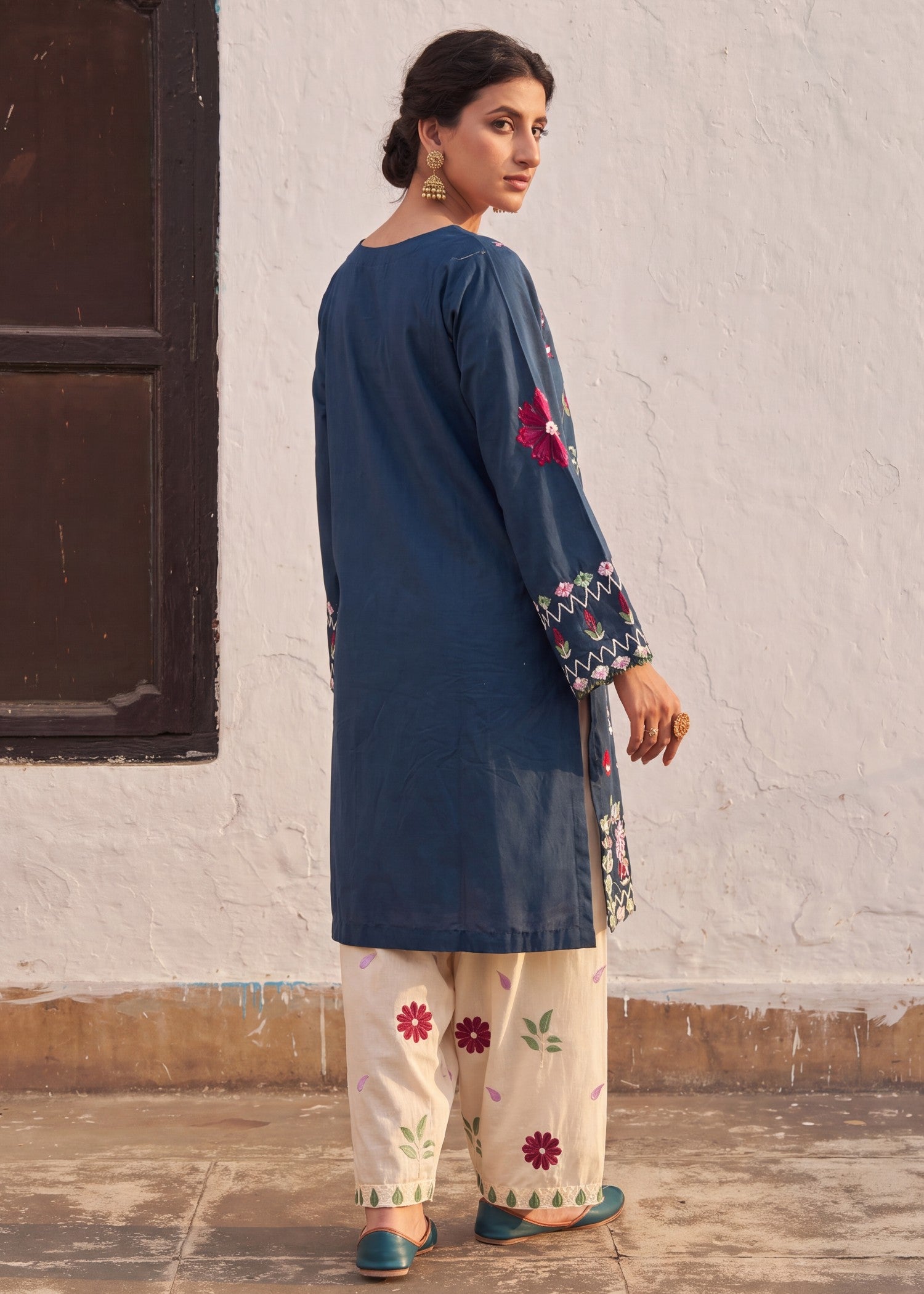 lawn Kurta Set in Steel blue