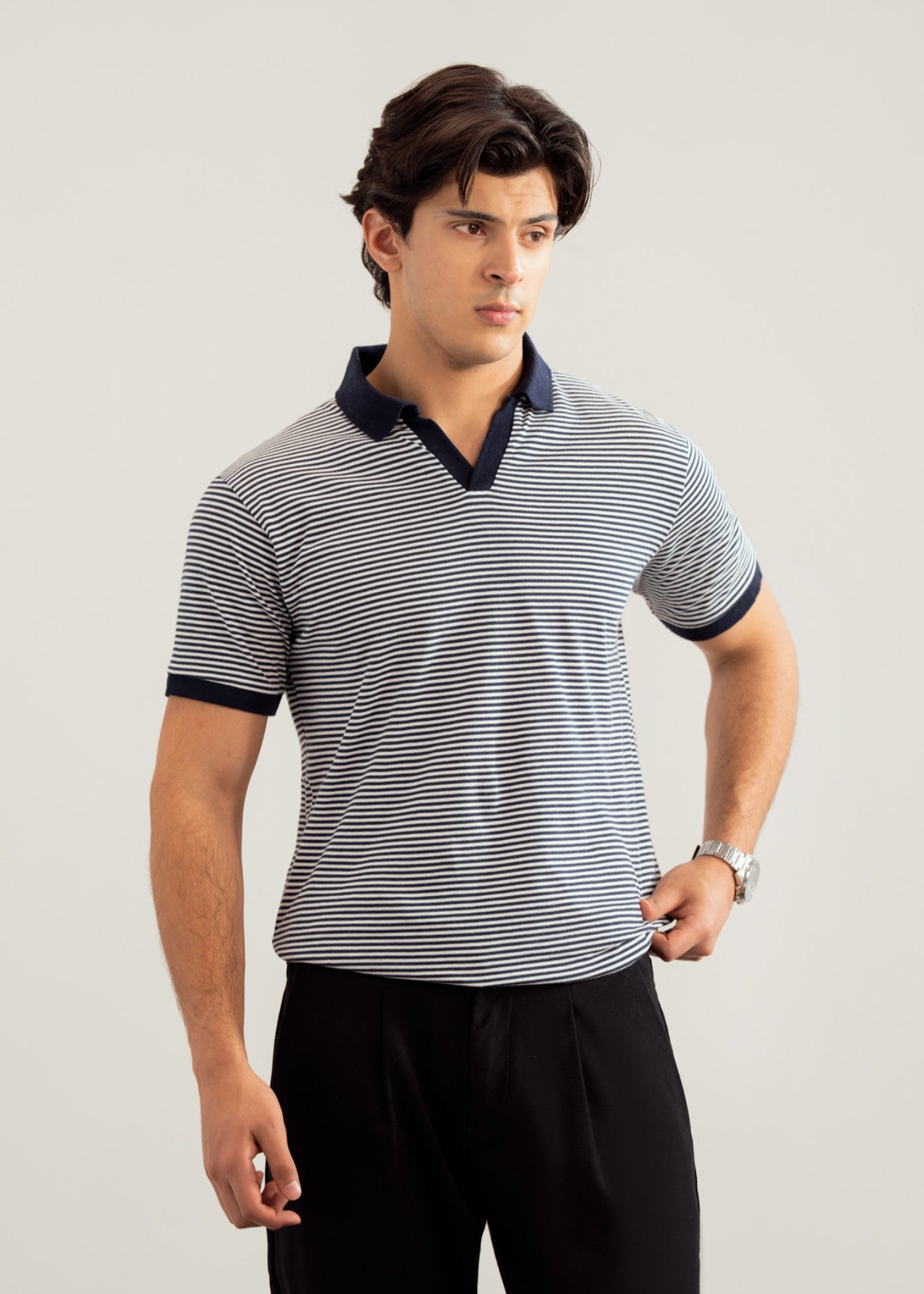 cotton jersey Polo Shirt in Navy blue, off-white