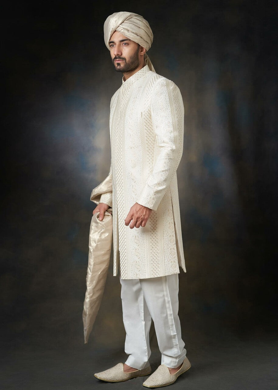 viscose raw silk Sherwani in Ivory