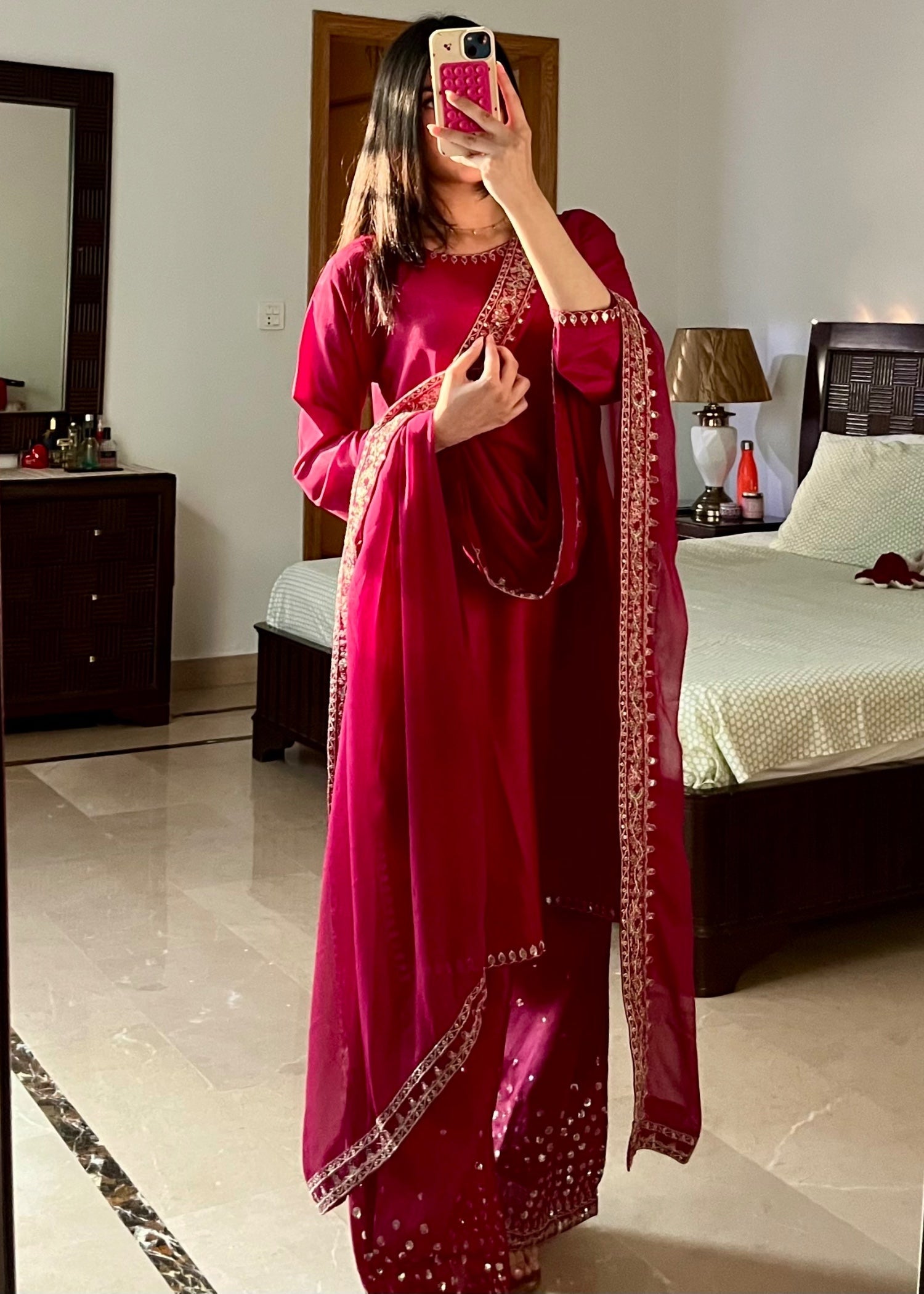 kattan silk Kurta Set in Magenta haze