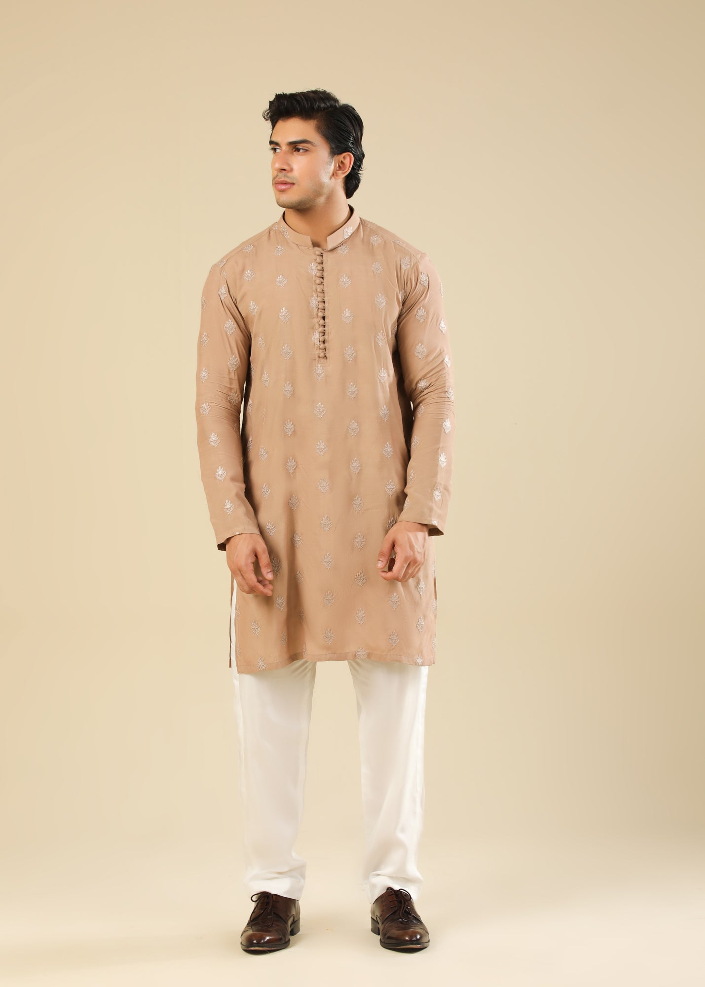 raw silk Kurta Set in White, peach orange by Muraqsh