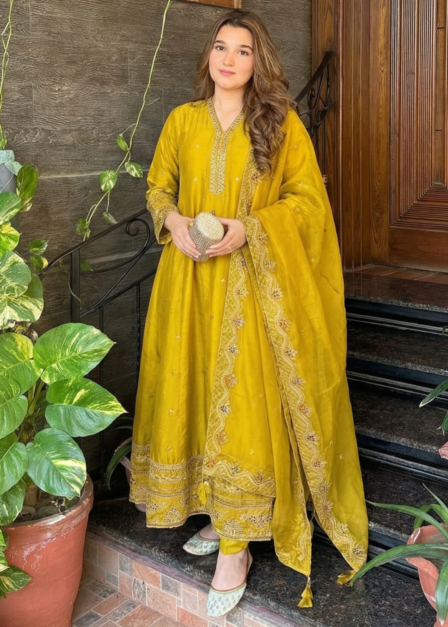 silk Pishwas in Mustard