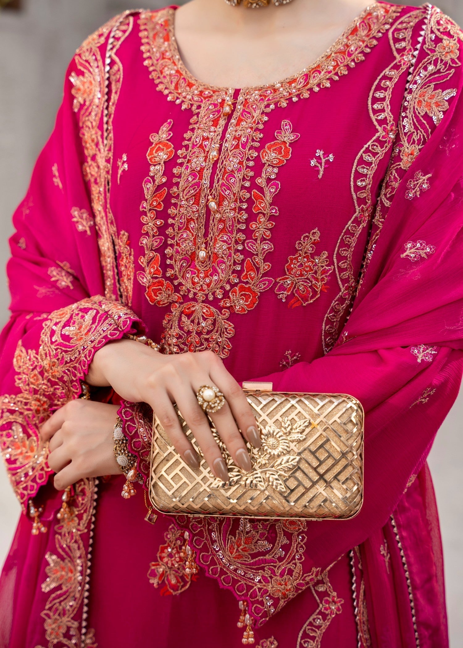 chiffon Kurta Set in Hot pink