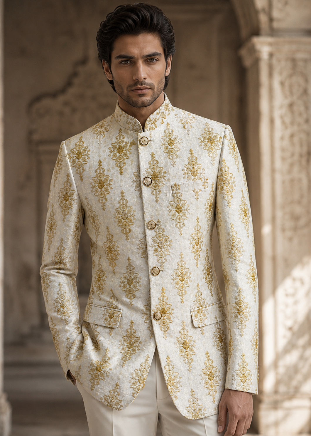 jamawar Prince Coat in White, gold