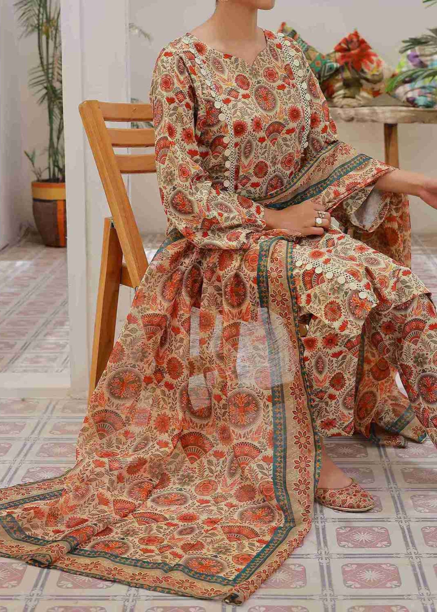 swiss lawn Kurta Set in Peach orange