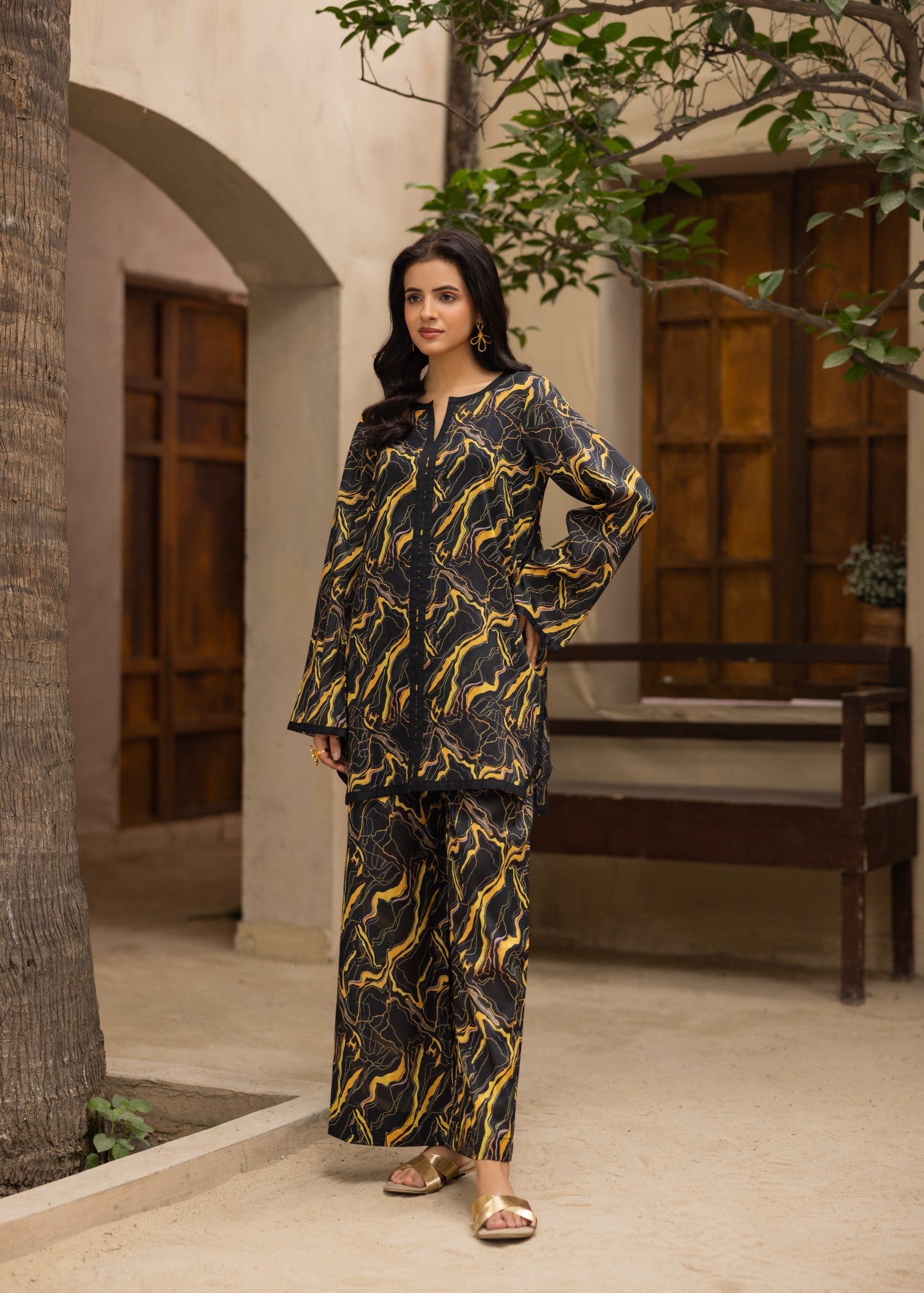 lawn Co Ord Sets in Charcoal black, mari gold