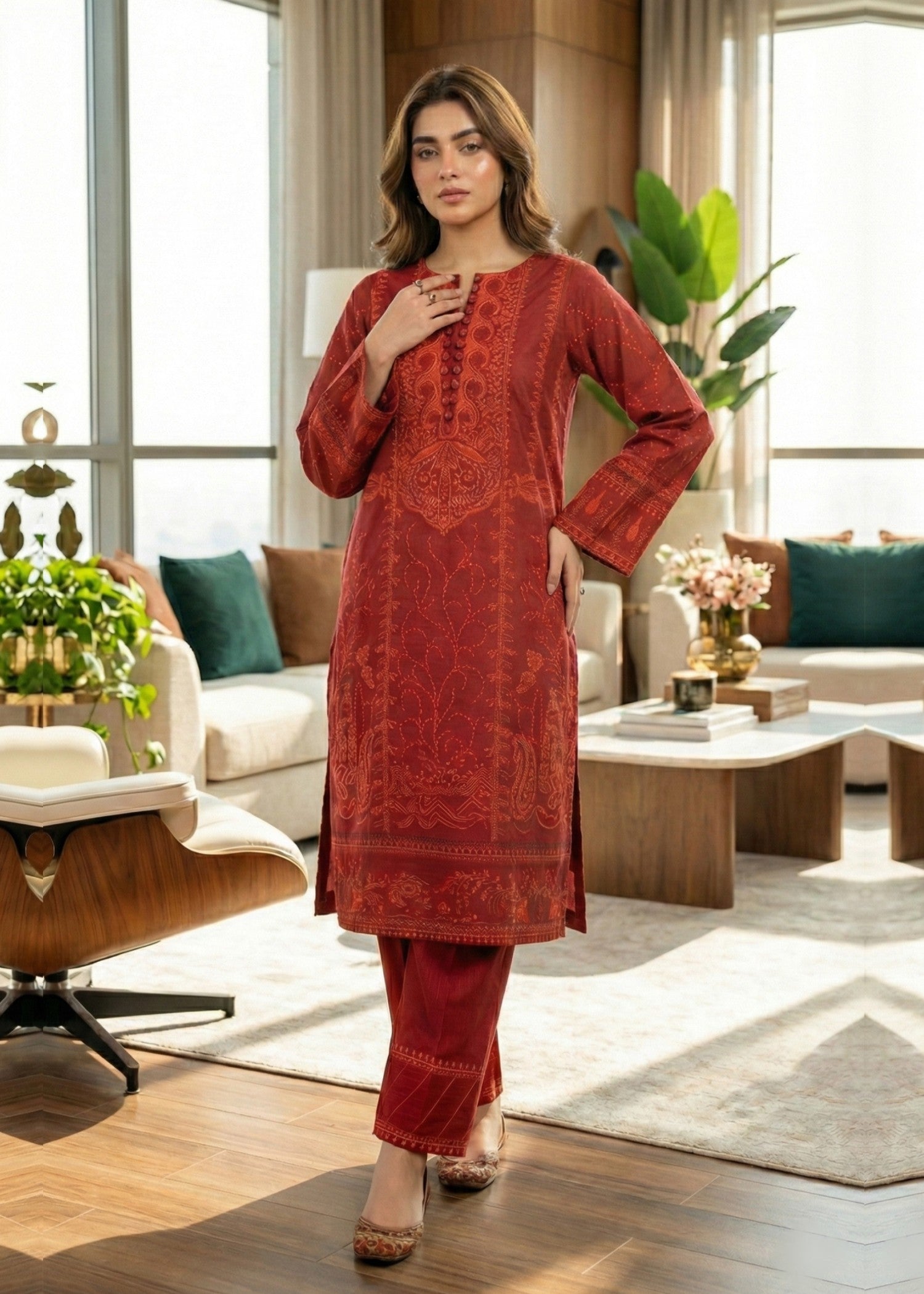 khaddar Kurta Set in Deep carmine