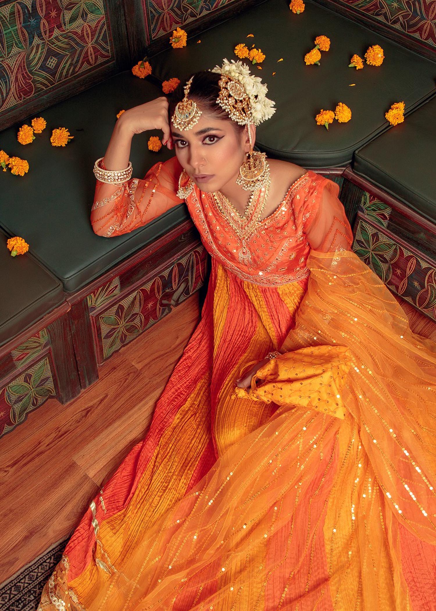 cotton silk Pishwas in Orange