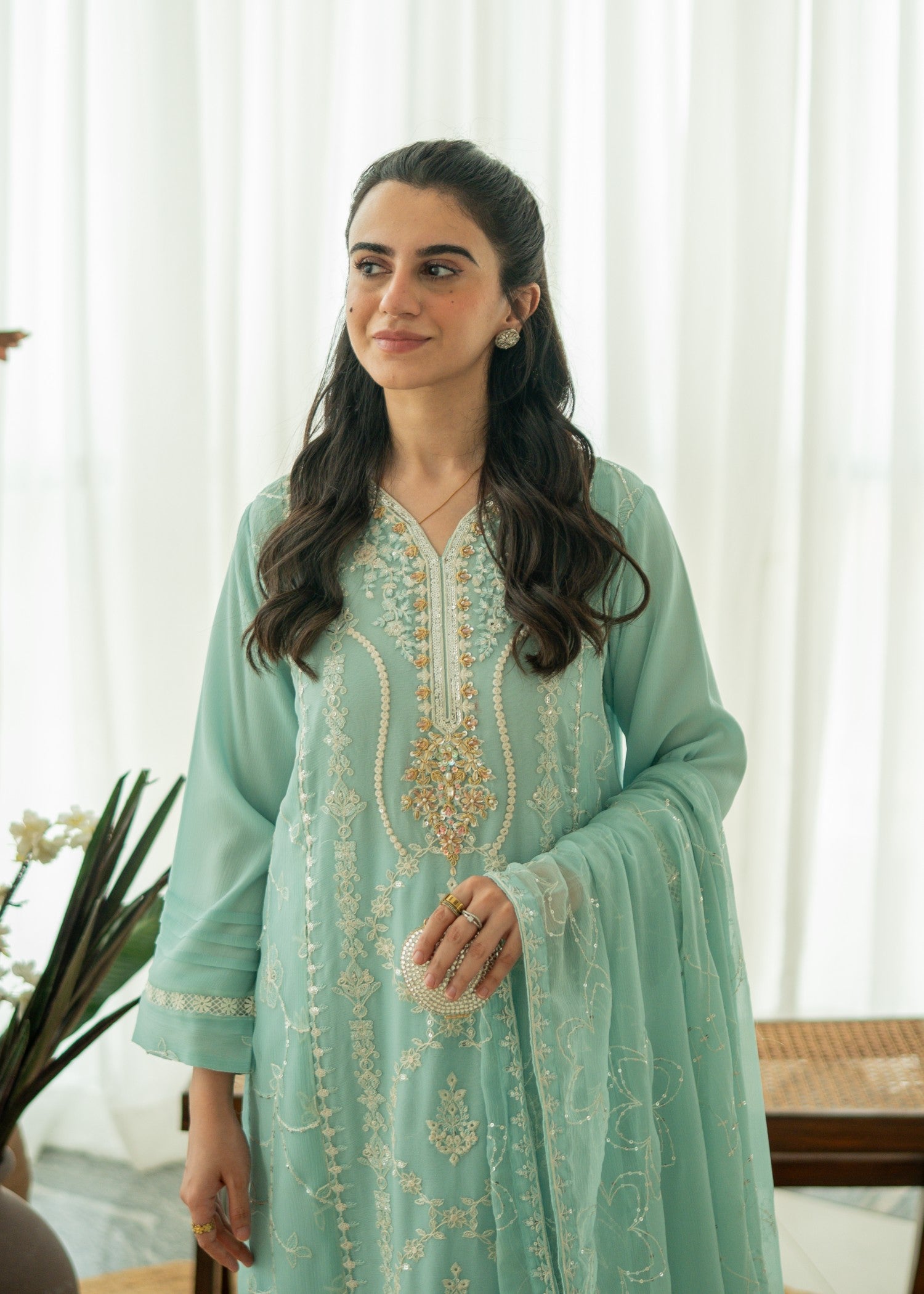 chiffon Kurta Set in Moss green