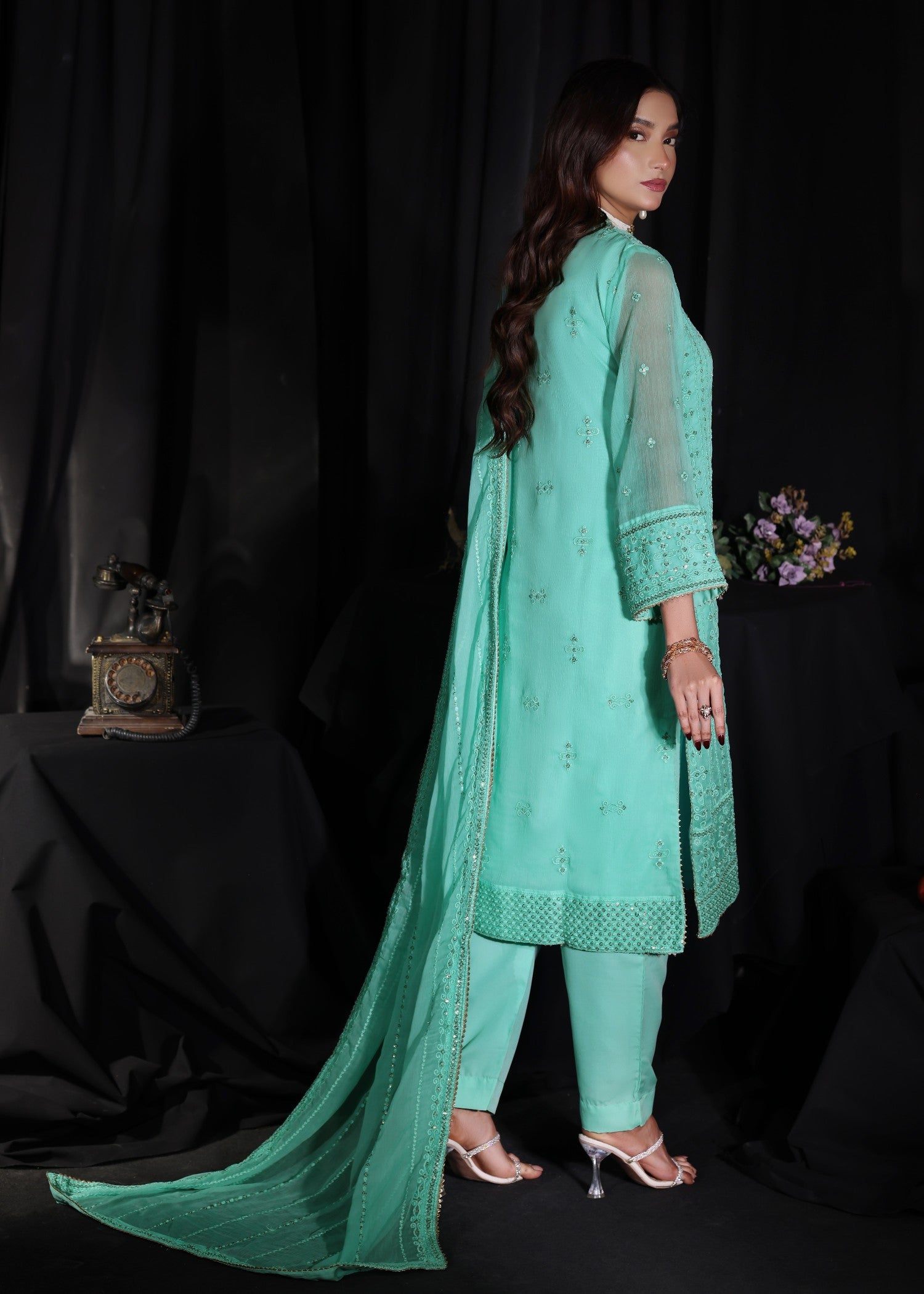 chiffon Kurta Set in Aquamarine