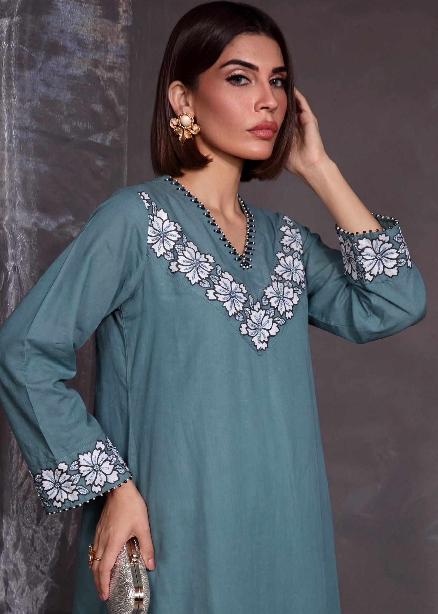 lawn Kurta Set in Pacific blue