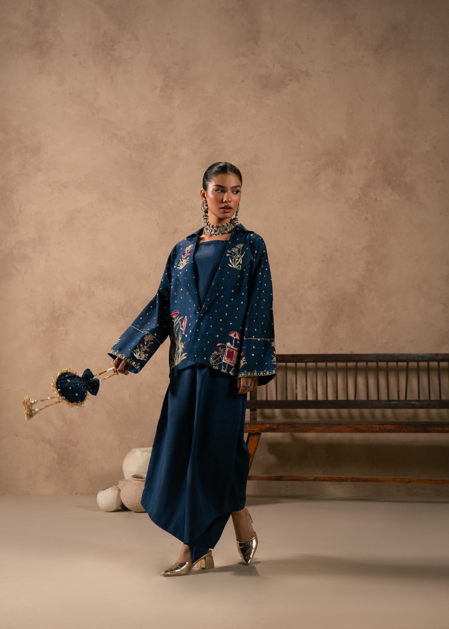 viscose thai silk Jacket in Dark blue