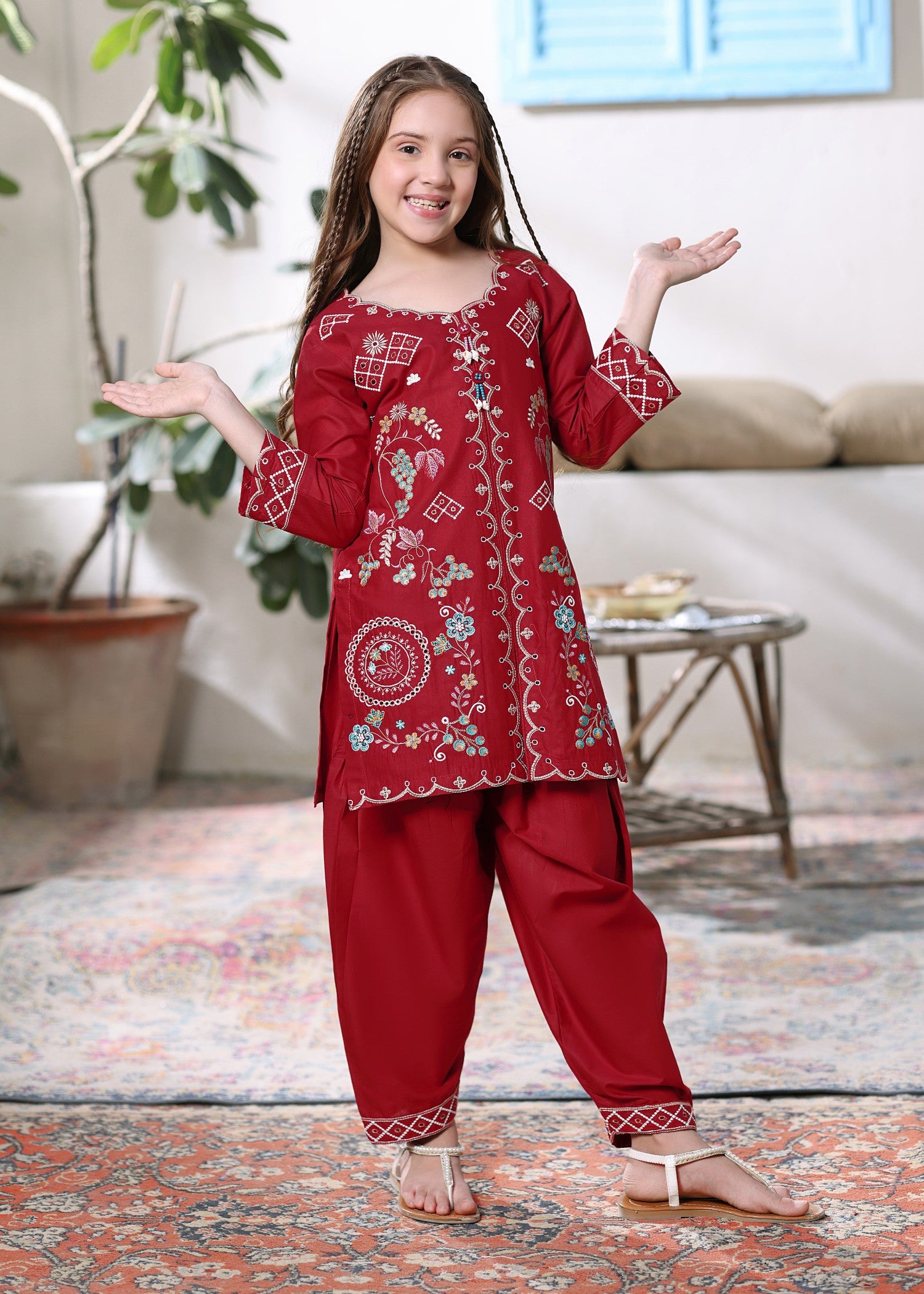 cotton Kurta Set in Red