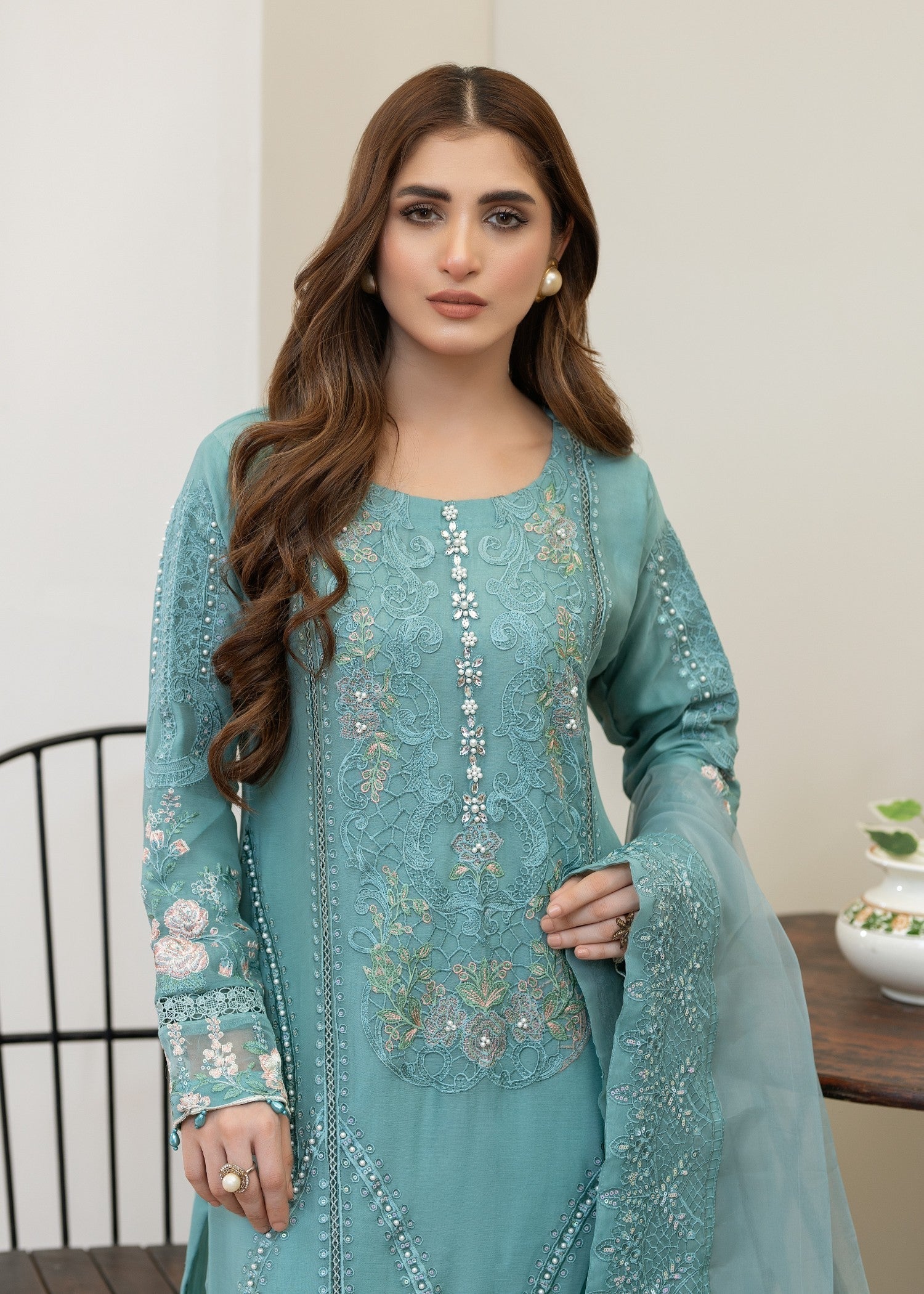chiffon Kurta Set in Dark cyan