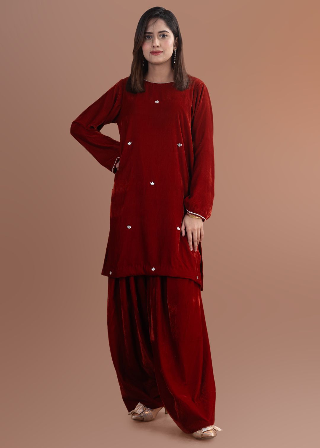 chinese micro velvet 9000 Kurta Set in Rust orange
