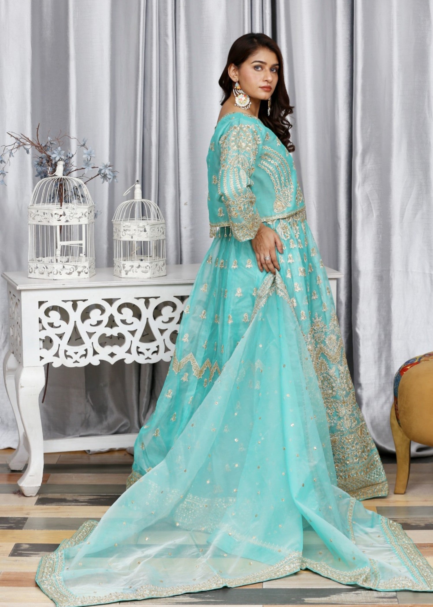 organza Lehenga in Aquamarine