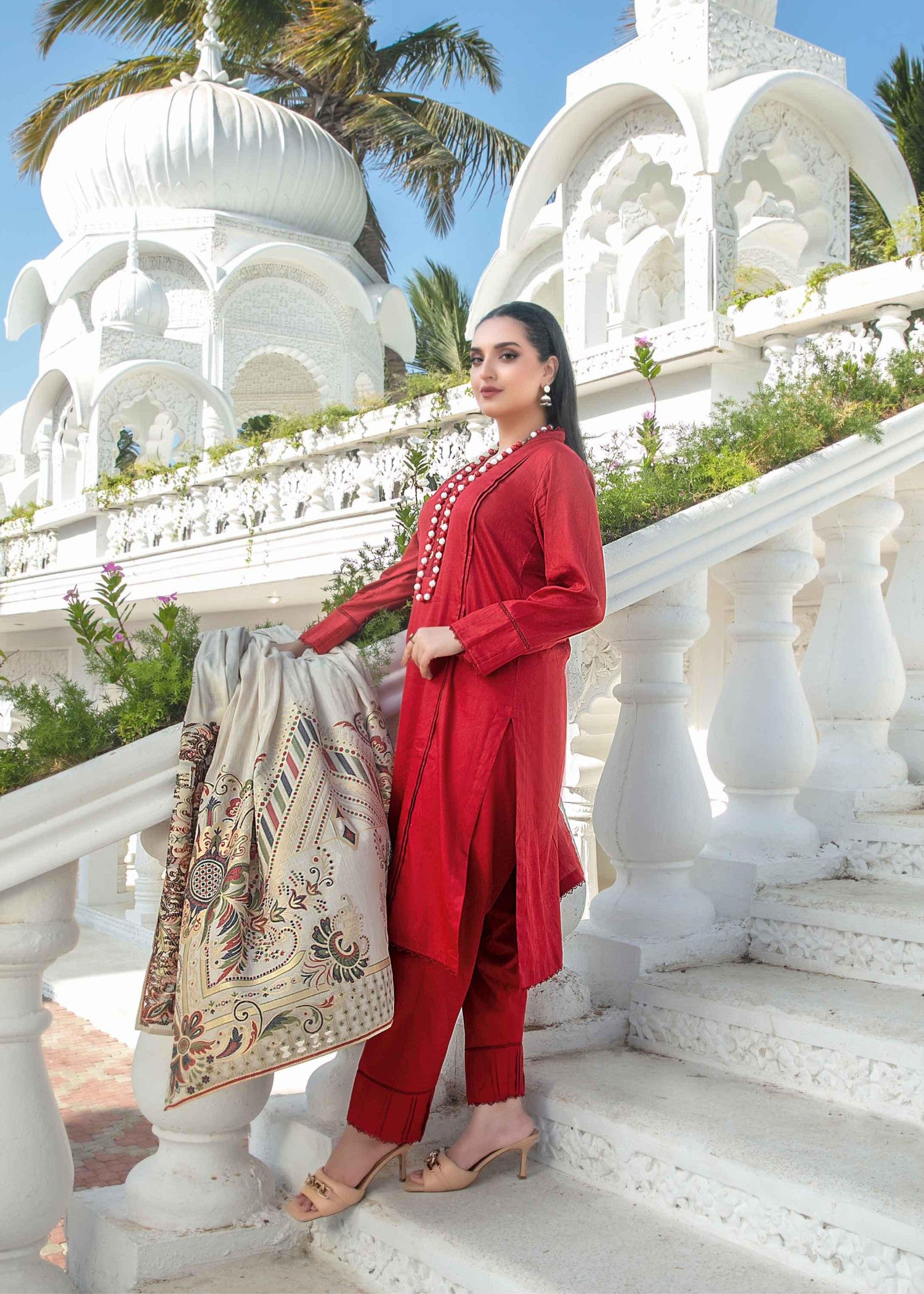jacquard Kurta Set in Fire red