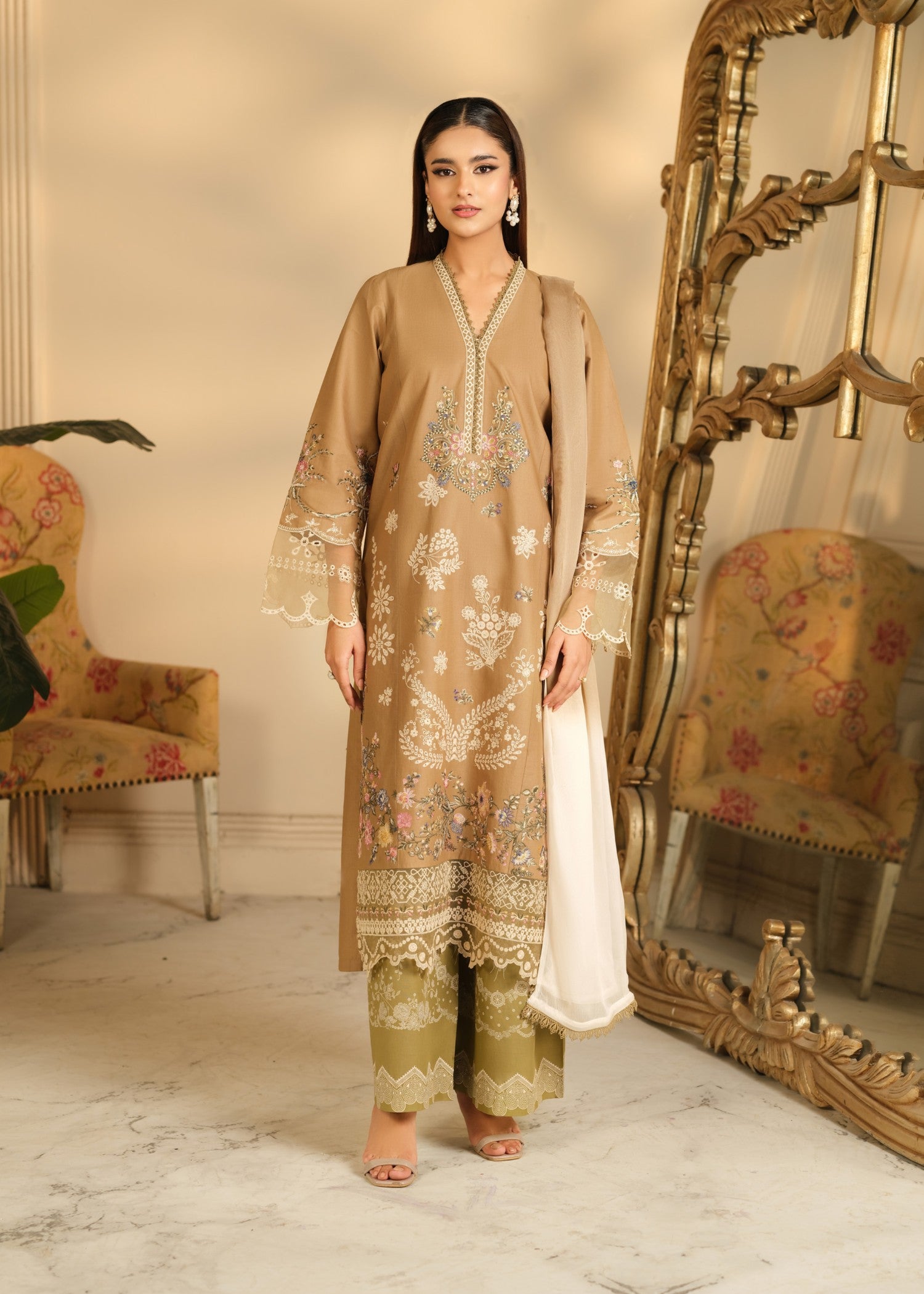 cambric cotton Kurta Set in Beige