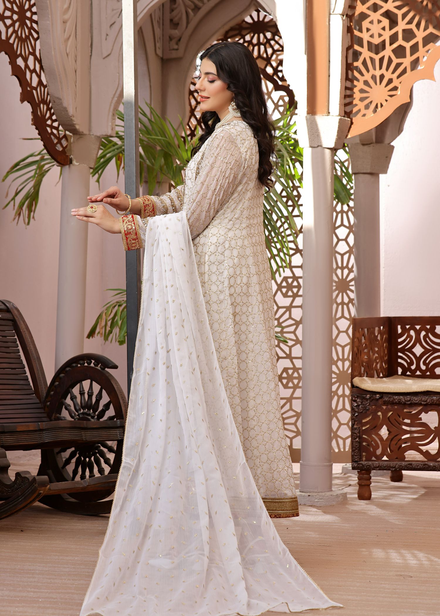 chiffon Anarkali in Pearl white