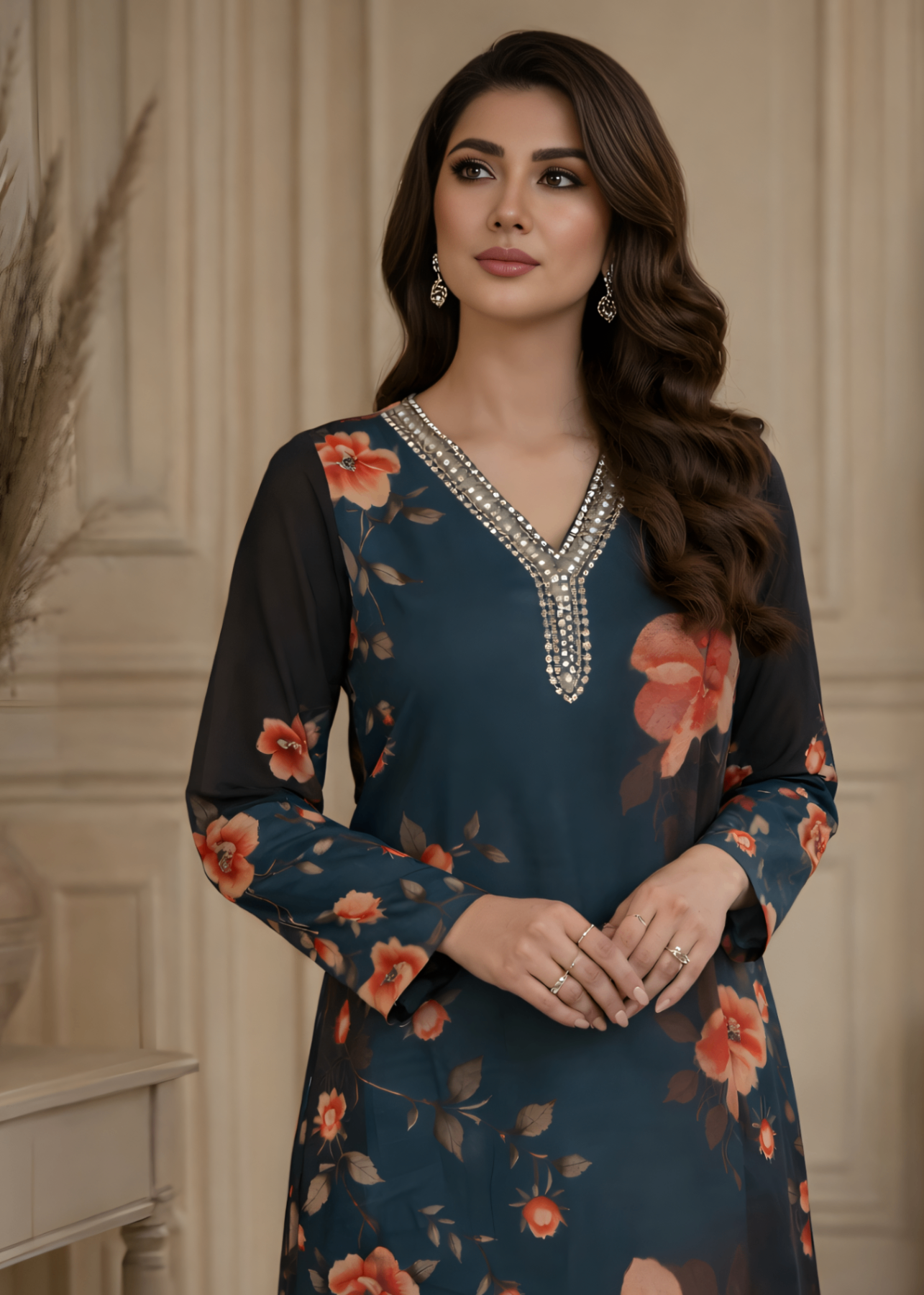 crepe Kurta Set in Teal