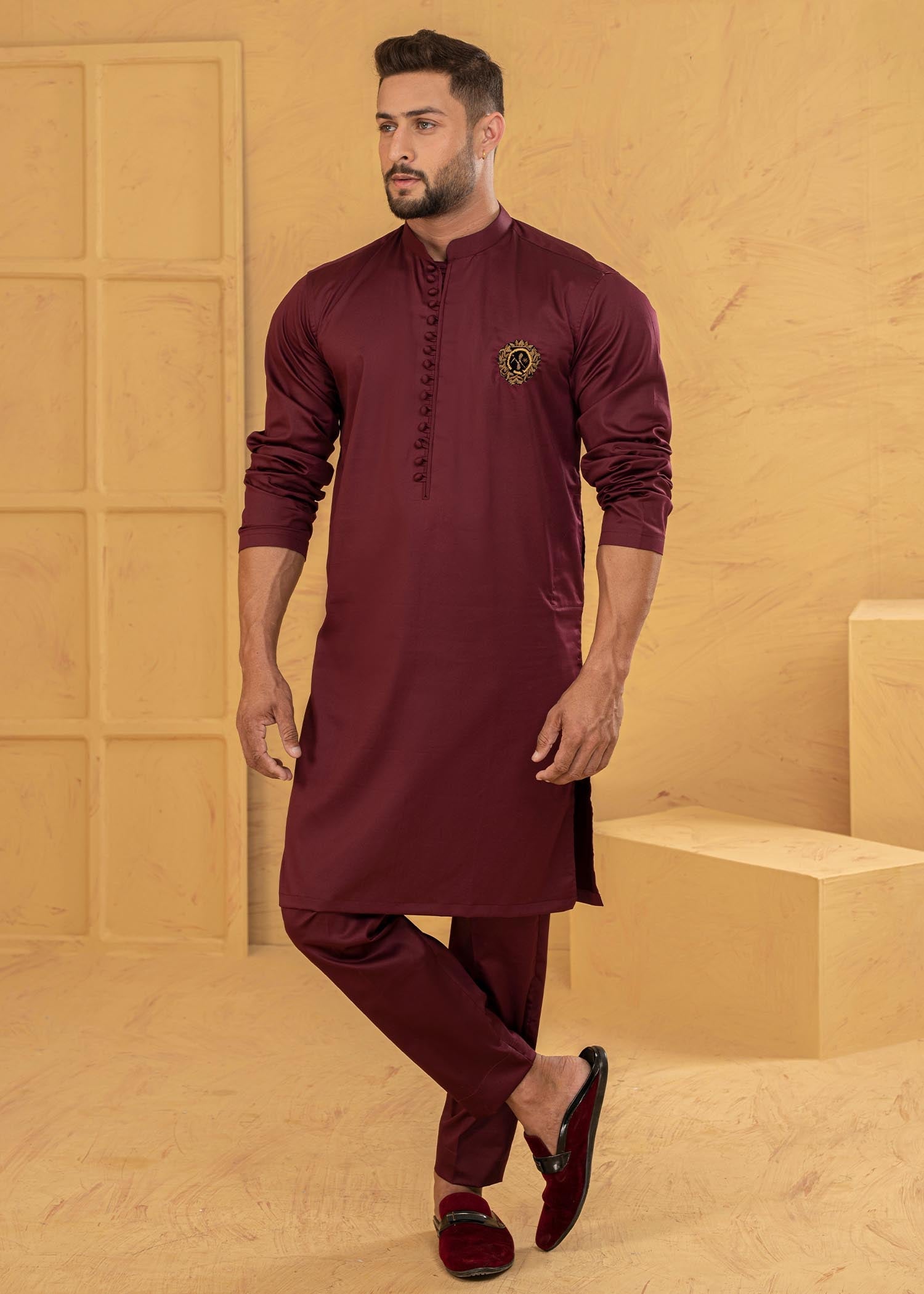 cotton satin Kurta Set in Maroon