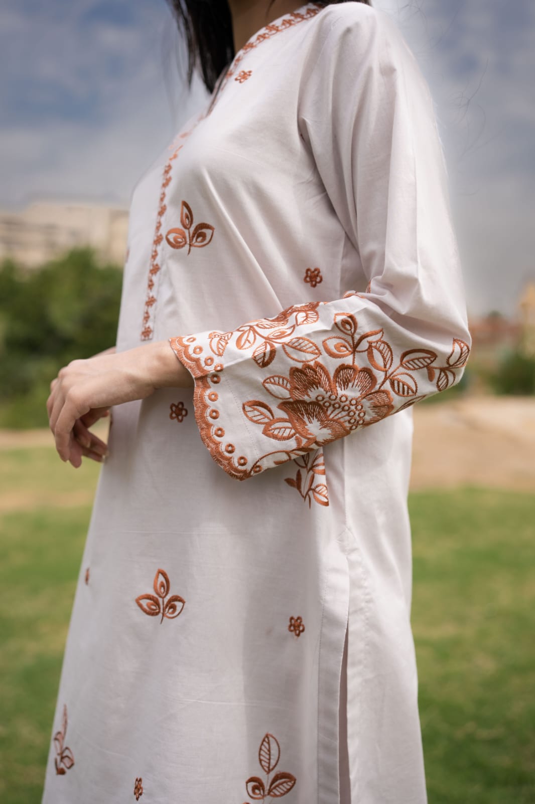 cambric Kurta Set in Pearl white