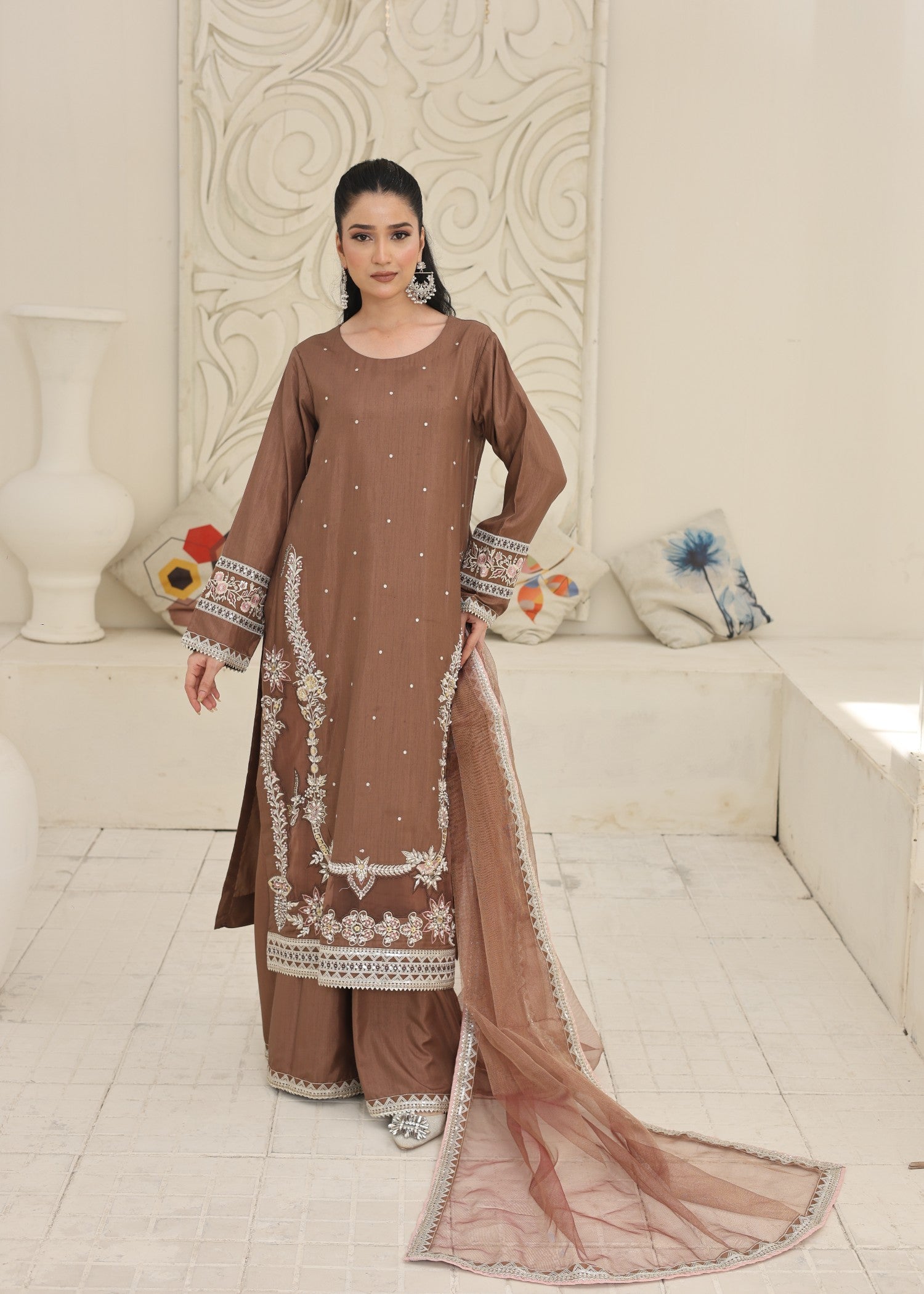 silk Kurta Set in Tawny brown