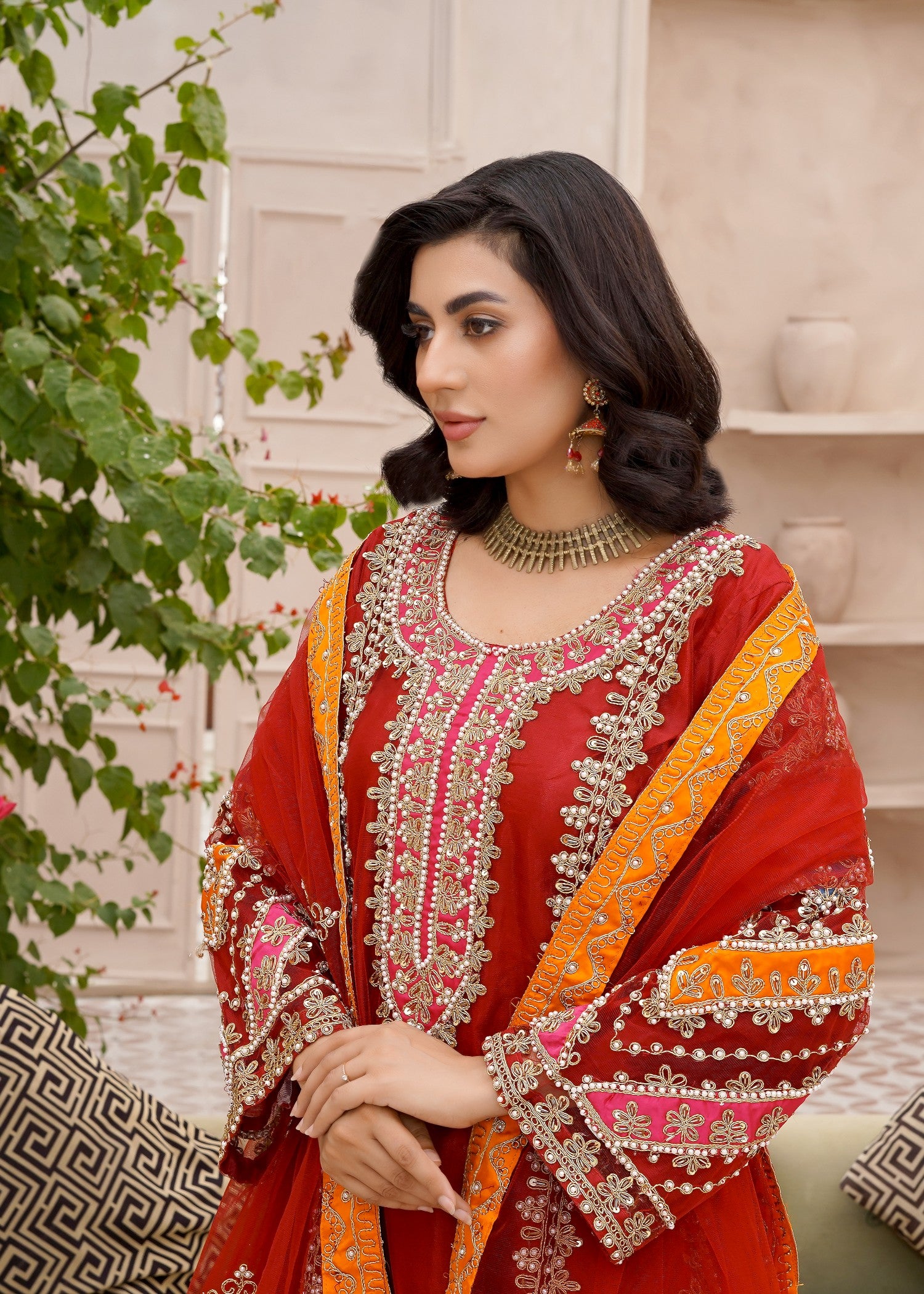 net Kurta Set in Ruby red