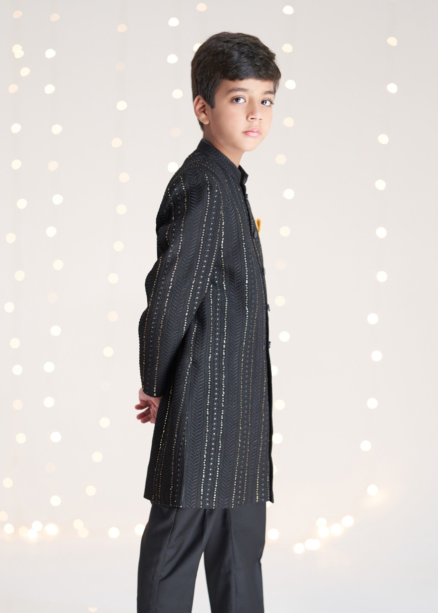 raw silk Sherwani in Black