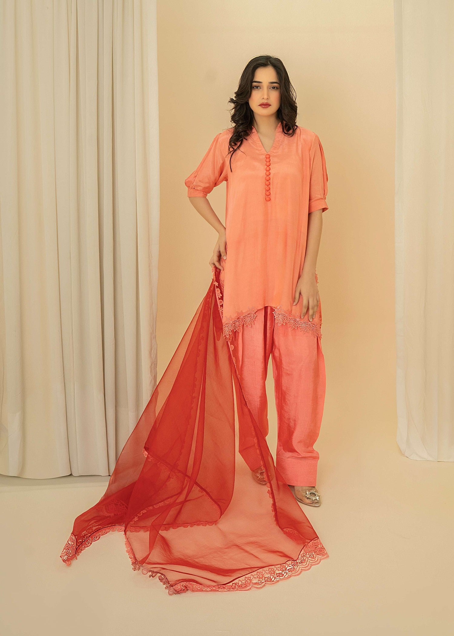 medium silk Kurta Set in Coral orange