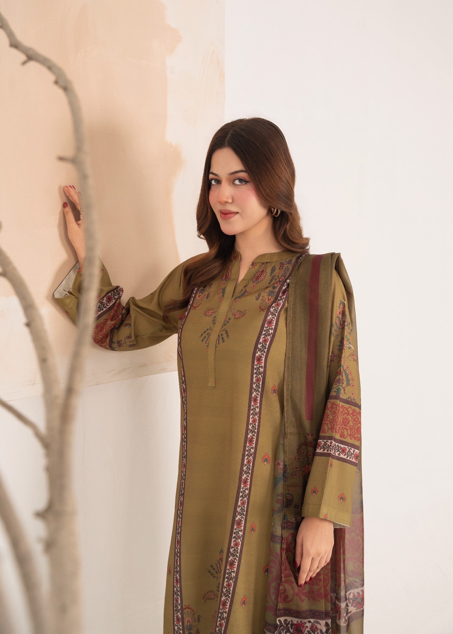 poly lawn Kurta Set in Olive green