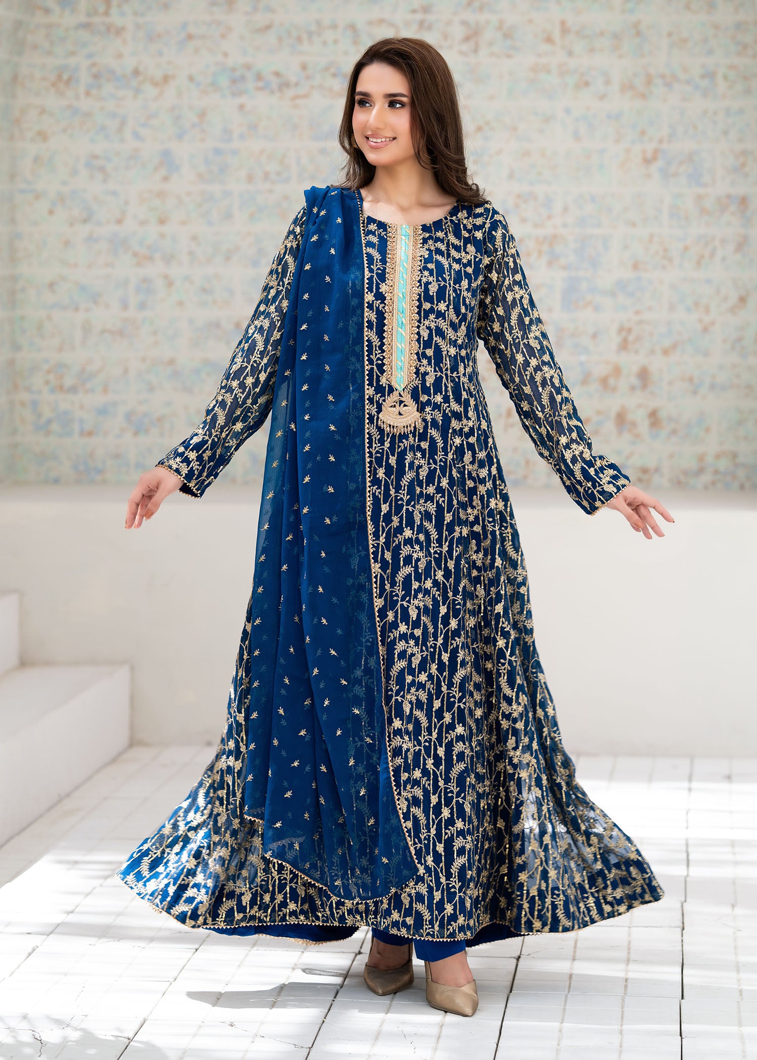 chiffon Anarkali in Teal
